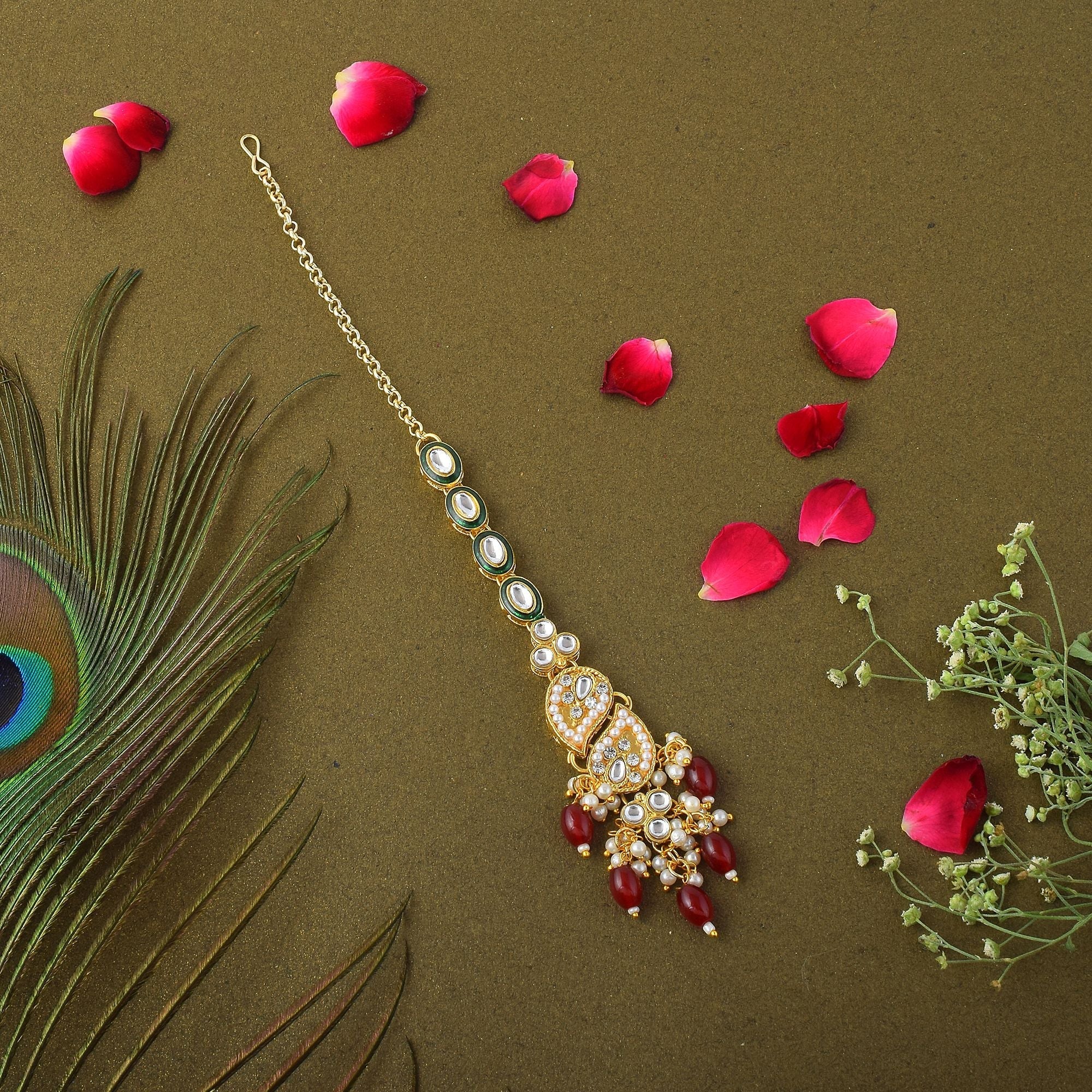 Classic Maroon Color Kundan Maang Tikka Designed for Brides, Festivals, and Party Celebrations