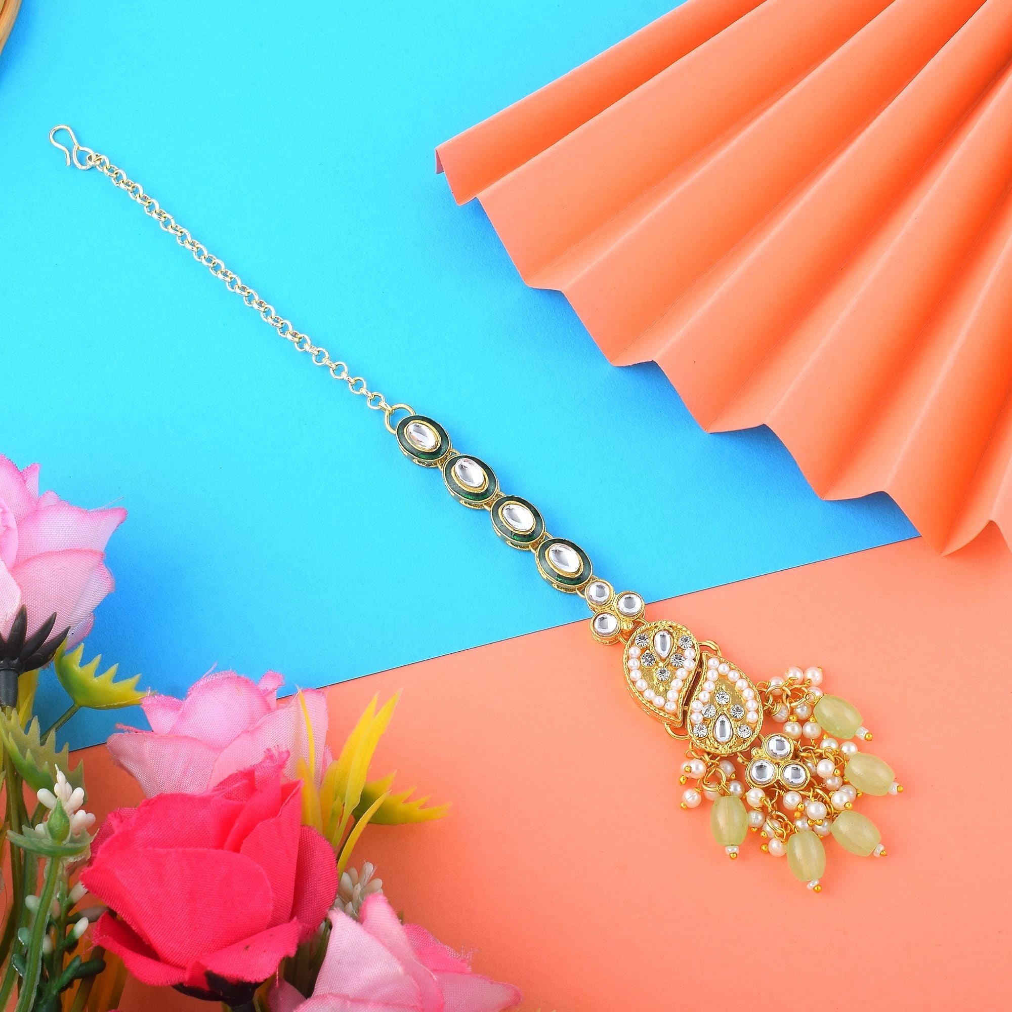 Stylish Pista Green Color Kundan Maang Tikka Designed for Bridal Wear and Festive Occasions