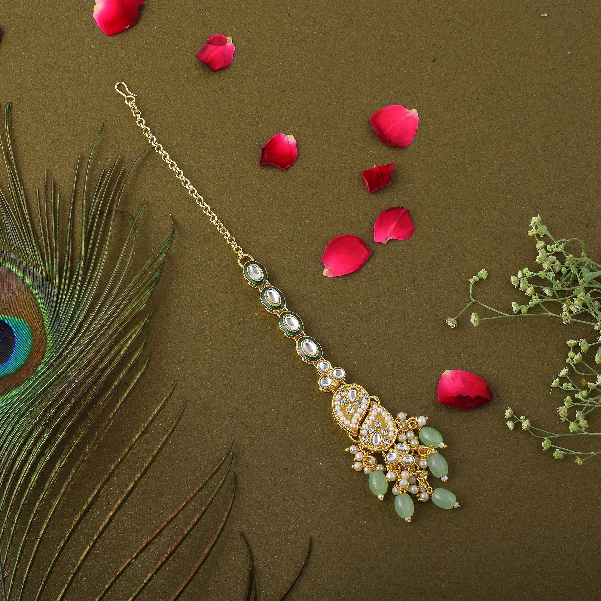 Stylish Pista Green Color Kundan Maang Tikka Designed for Bridal Wear and Festive Occasions