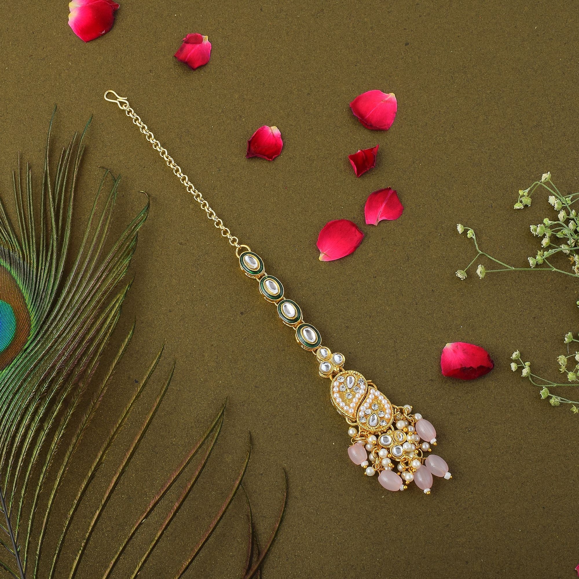 Beautiful Pink Color Kundan Maang Tikka Crafted with Premium Artistic Detailing for Wedding Wear