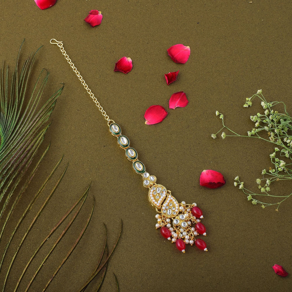 Elegant Red Color Kundan Maang Tikka Crafted for Weddings, Parties, and Indian Cultural Events