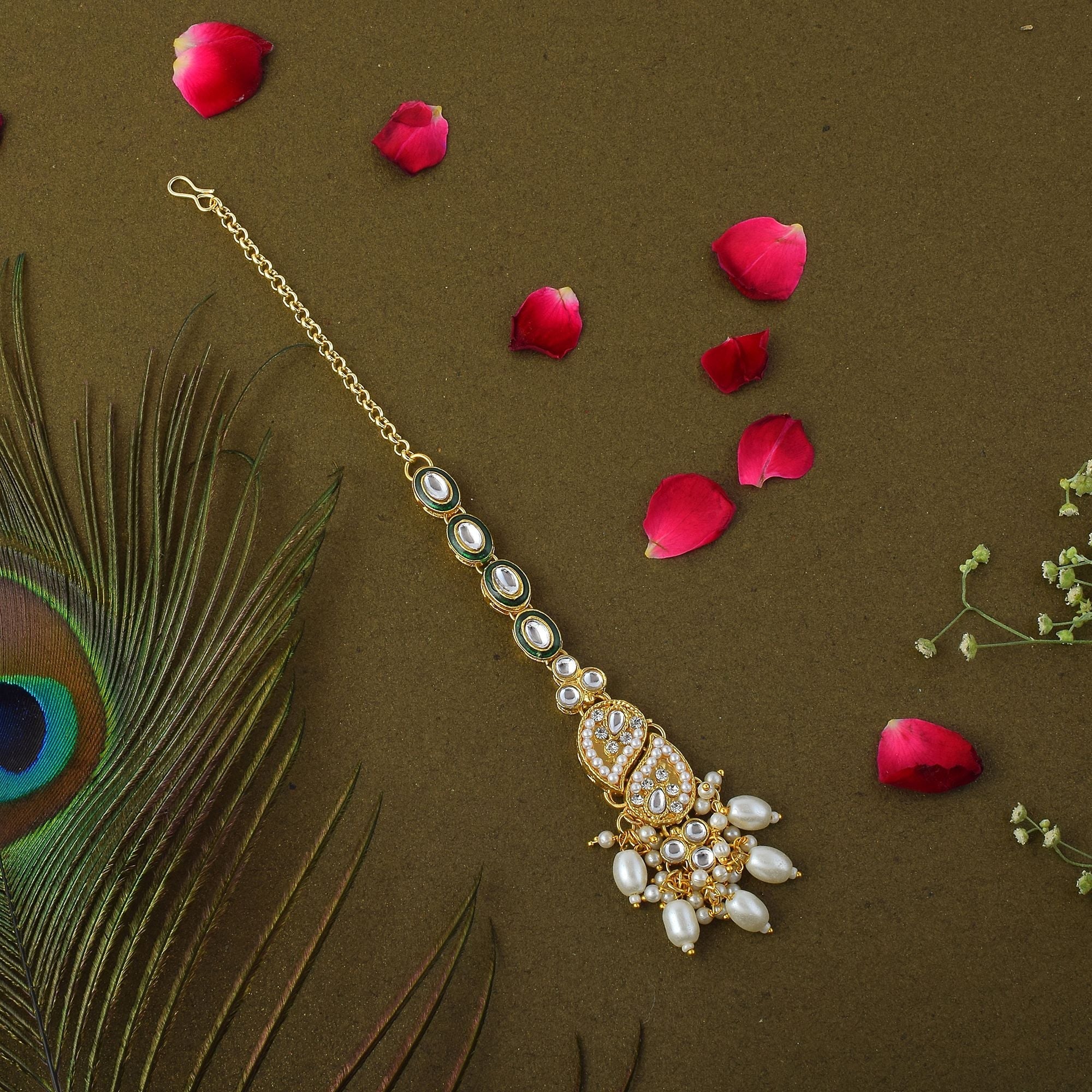 Gorgeous White Color Kundan Maang Tikka Crafted with Elegant Indian Handmade Jewelry Design