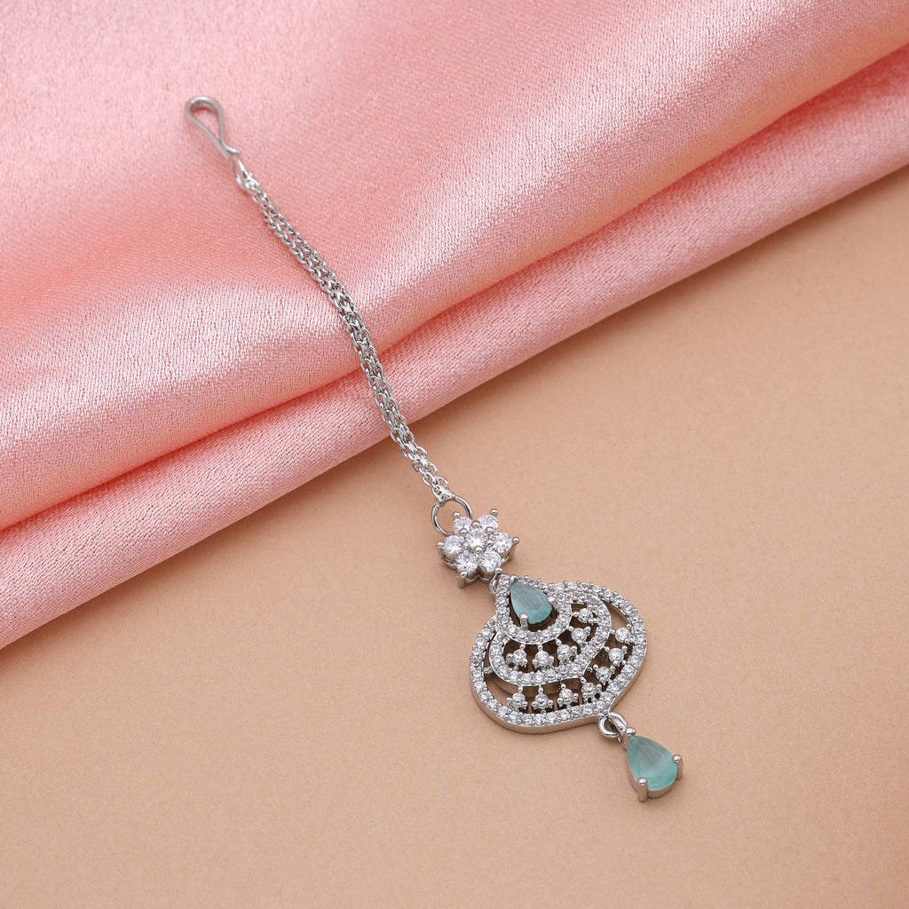 Pista Green Color Traditional American Diamond Maang Tikka For Brides And Party Wear