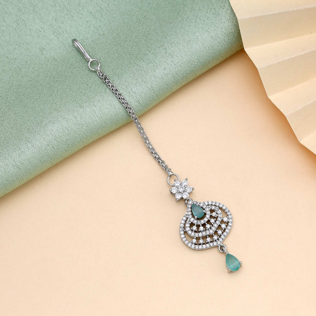 Pista Green Color Traditional American Diamond Maang Tikka For Brides And Party Wear