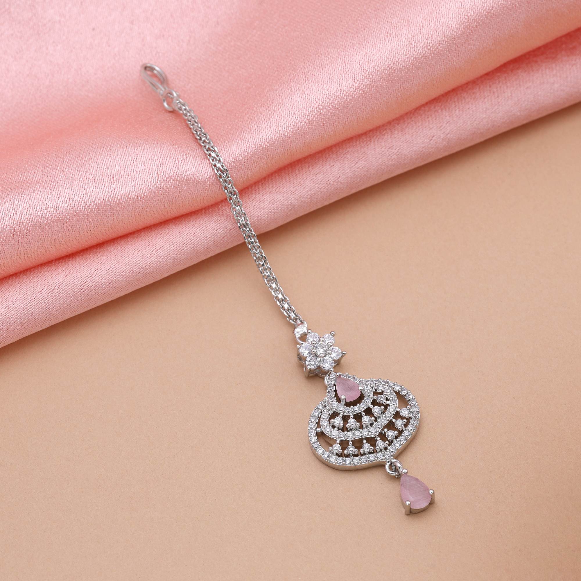 Pink Color Gorgeous Designer American Diamond Maang Tikka For Bridesmaids And Celebrations