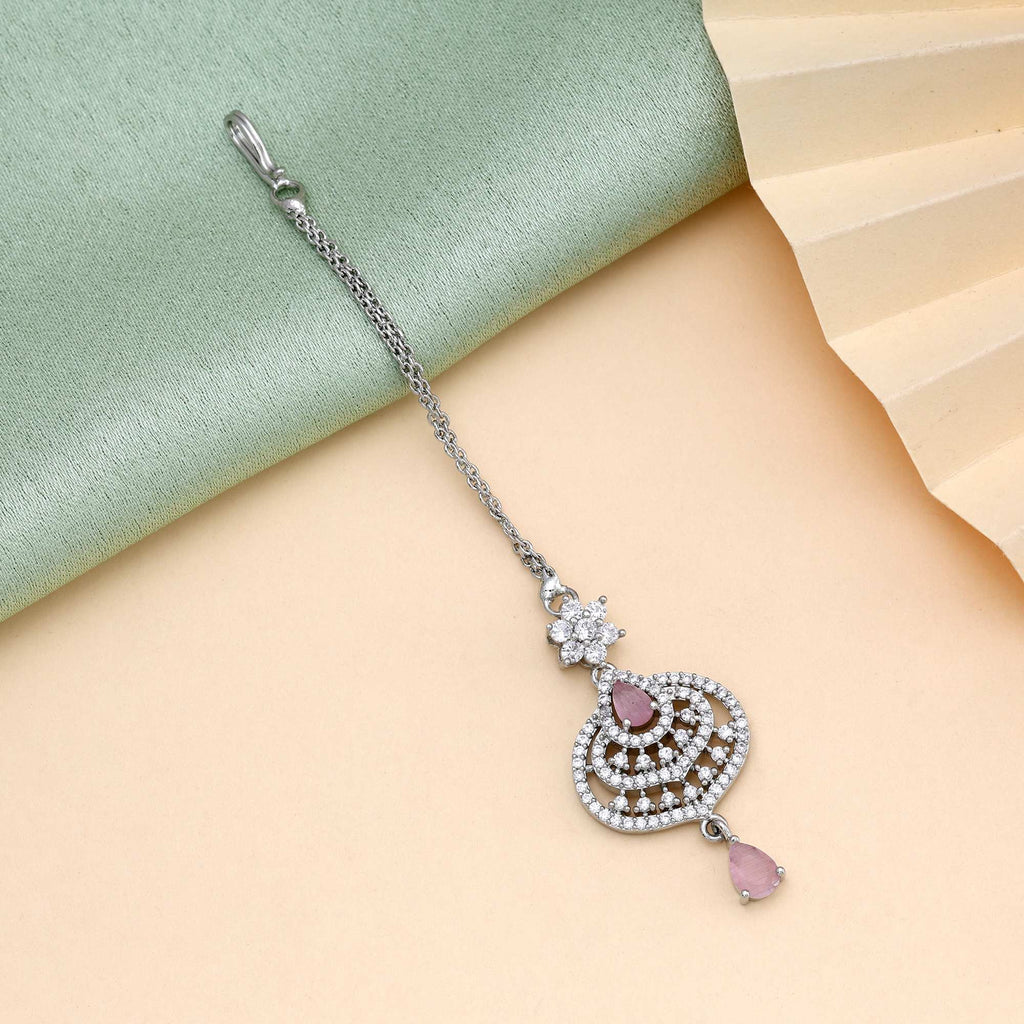 Pink Color Gorgeous Designer American Diamond Maang Tikka For Bridesmaids And Celebrations