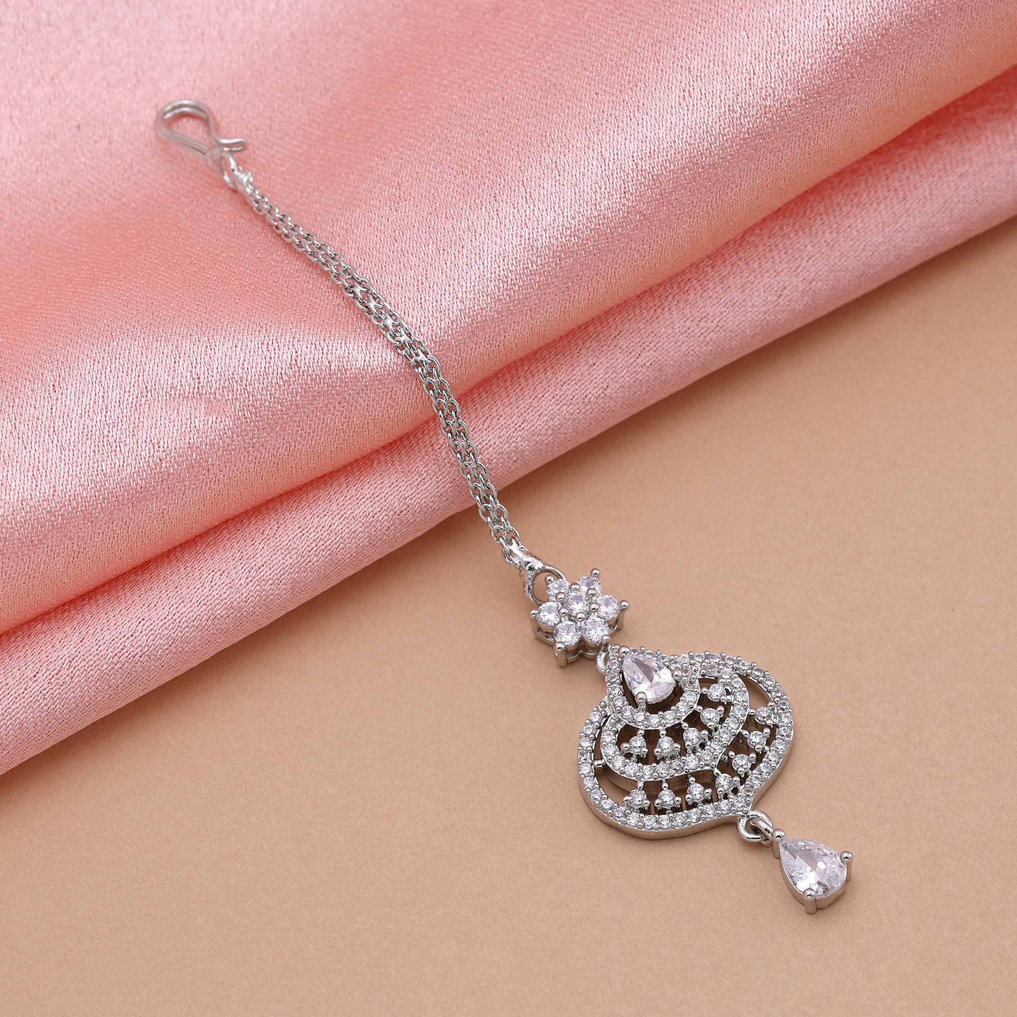 Silver Color Stylish Bridal American Diamond Maang Tikka For Festive And Cultural Events