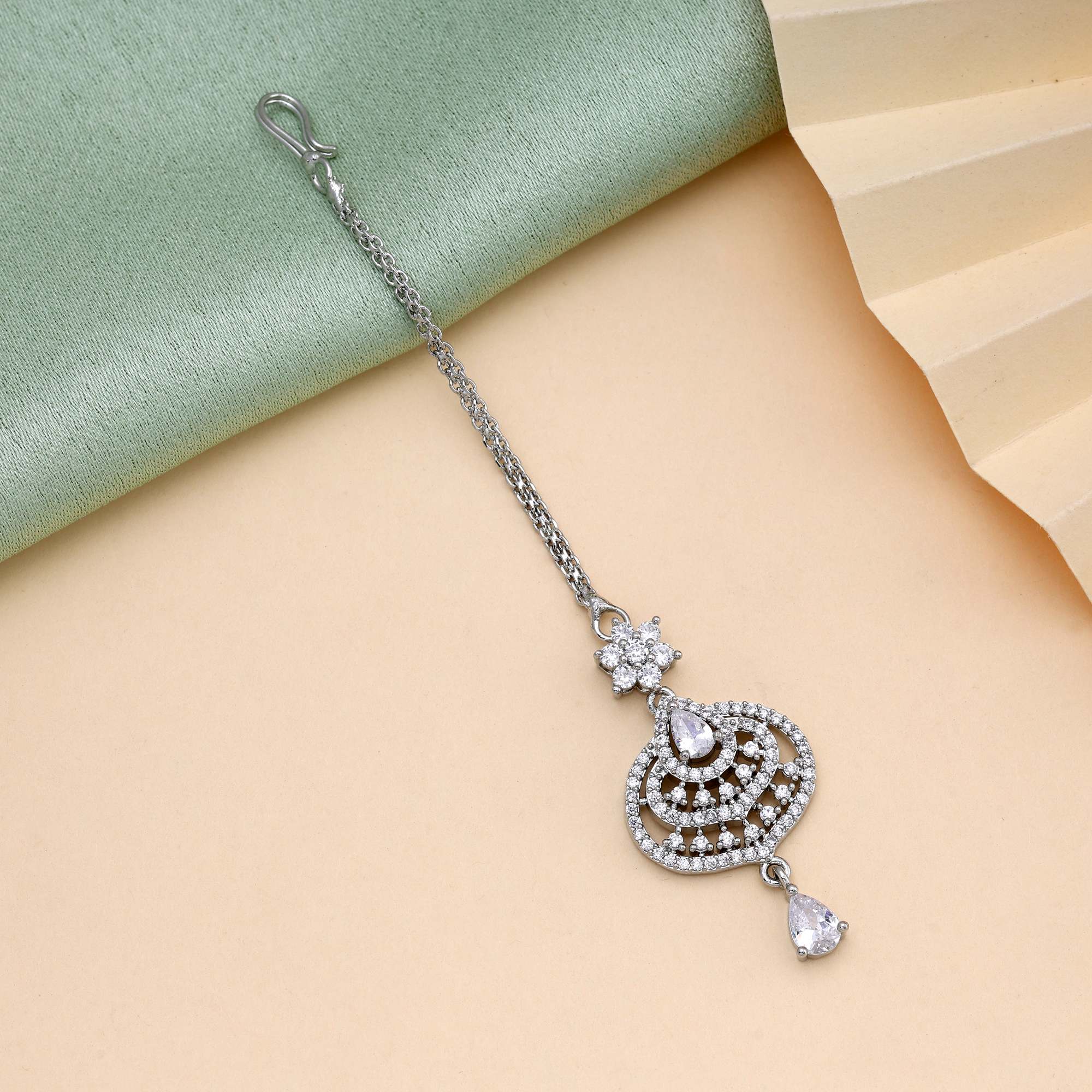 Silver Color Stylish Bridal American Diamond Maang Tikka For Festive And Cultural Events