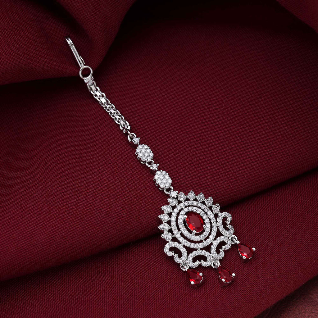 Red Color Beautiful Bridal American Diamond Maang Tikka For Traditional And Wedding Looks