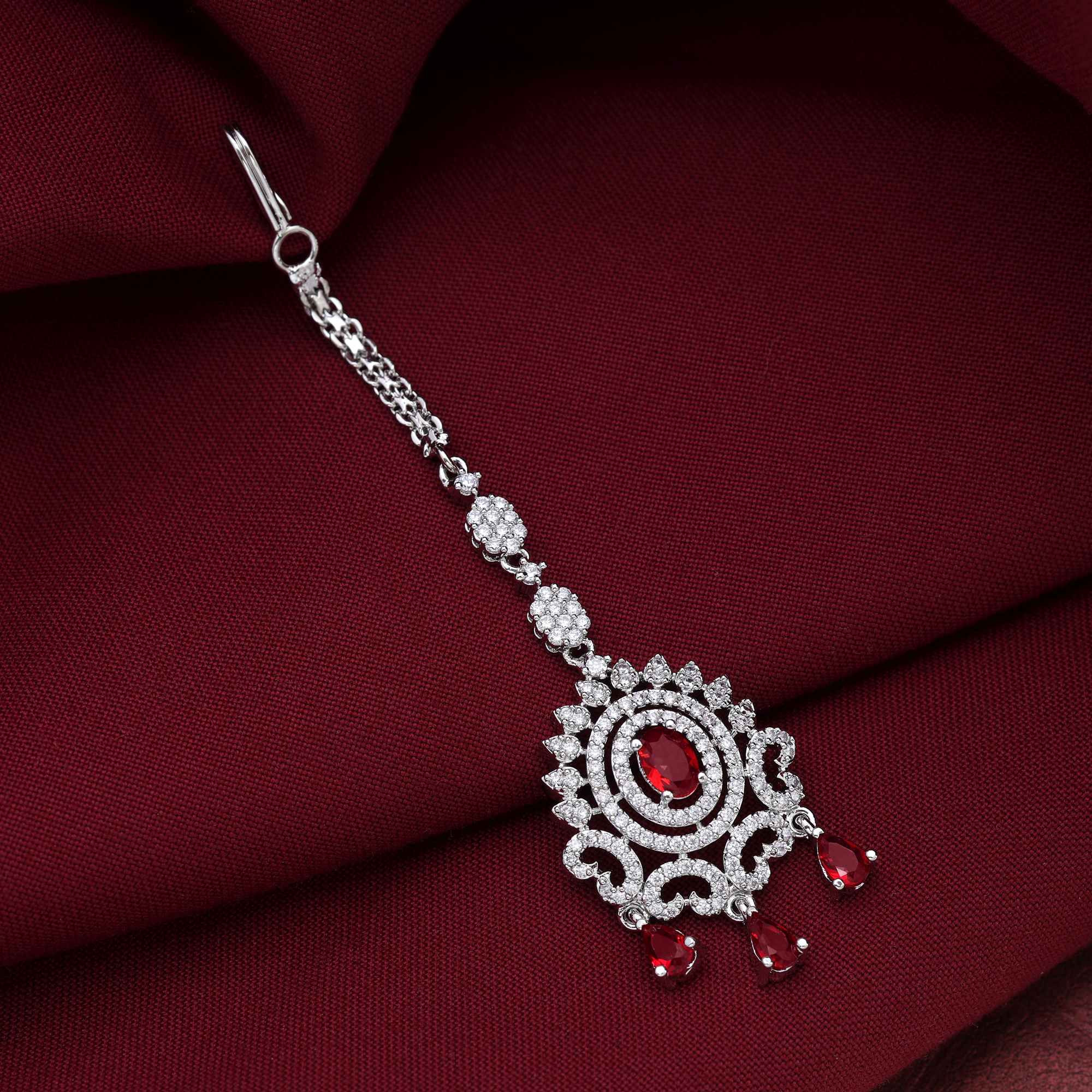 Red Color Beautiful Bridal American Diamond Maang Tikka For Traditional And Wedding Looks