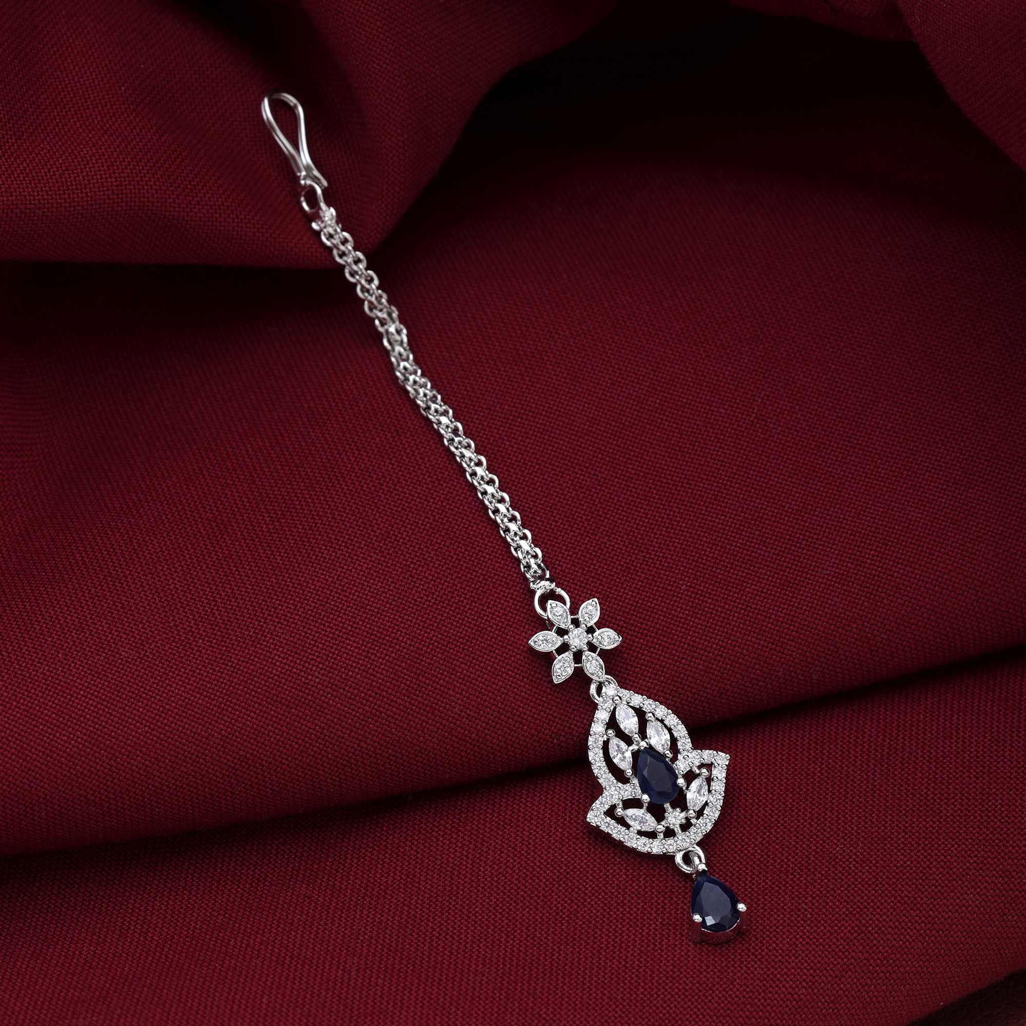 Navy Blue Color Graceful Stone American Diamond Maang Tikka For Party And Cultural Events