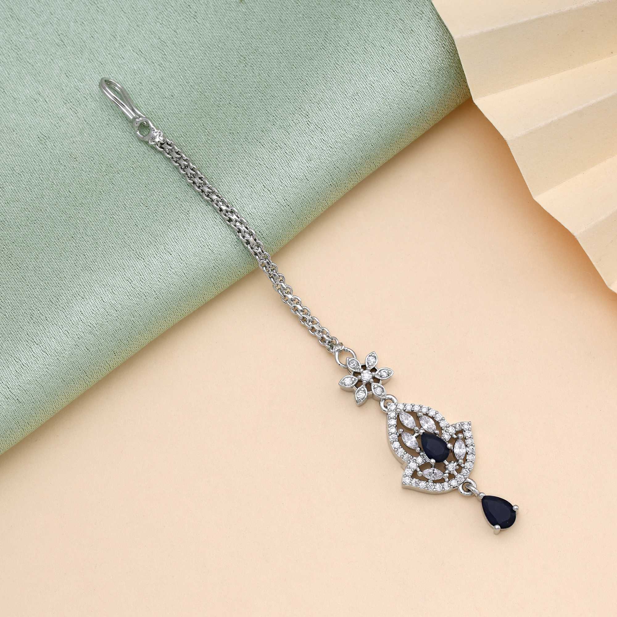 Navy Blue Color Graceful Stone American Diamond Maang Tikka For Party And Cultural Events