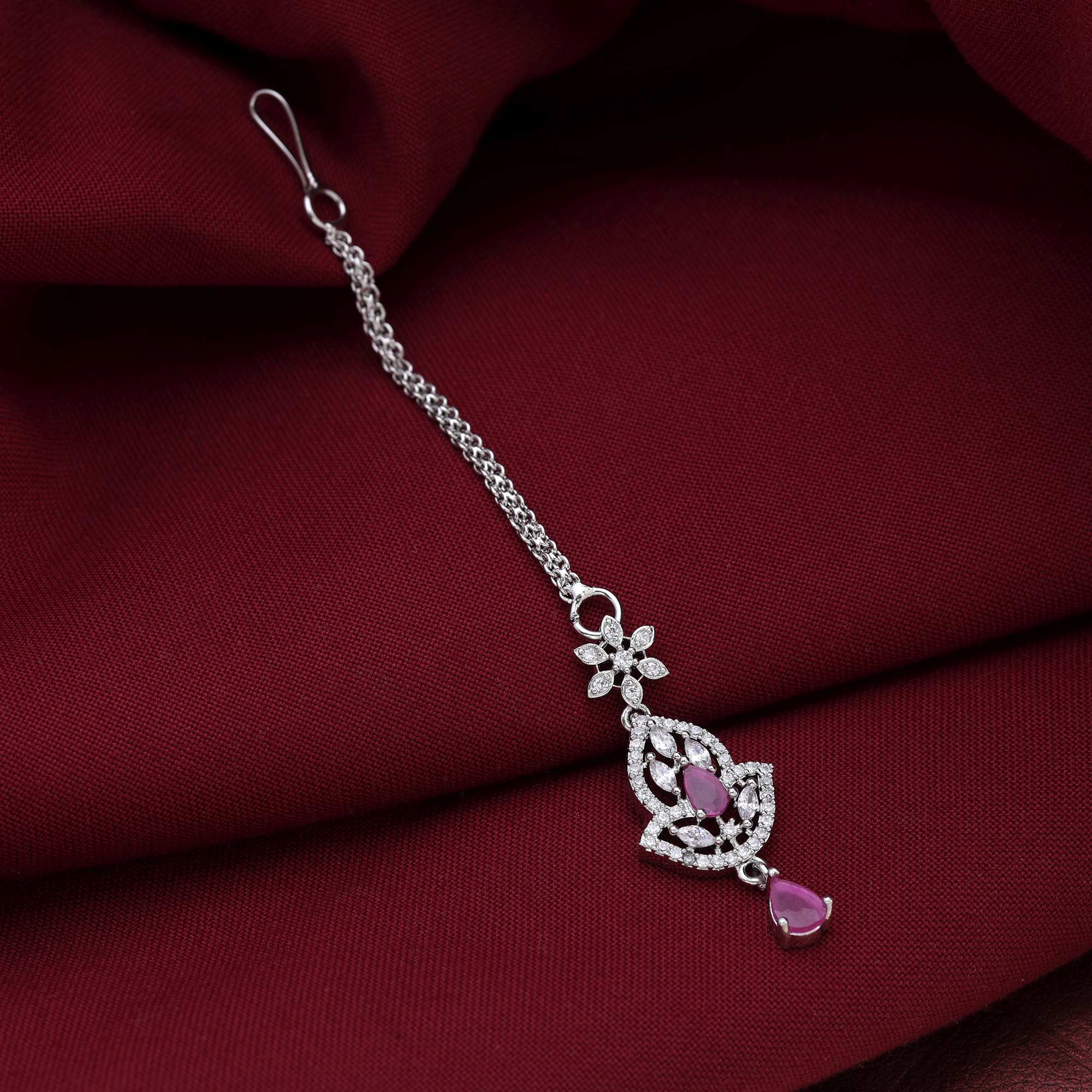 Rani Color Elegant Bridal American Diamond Maang Tikka For Festive And Celebration Style