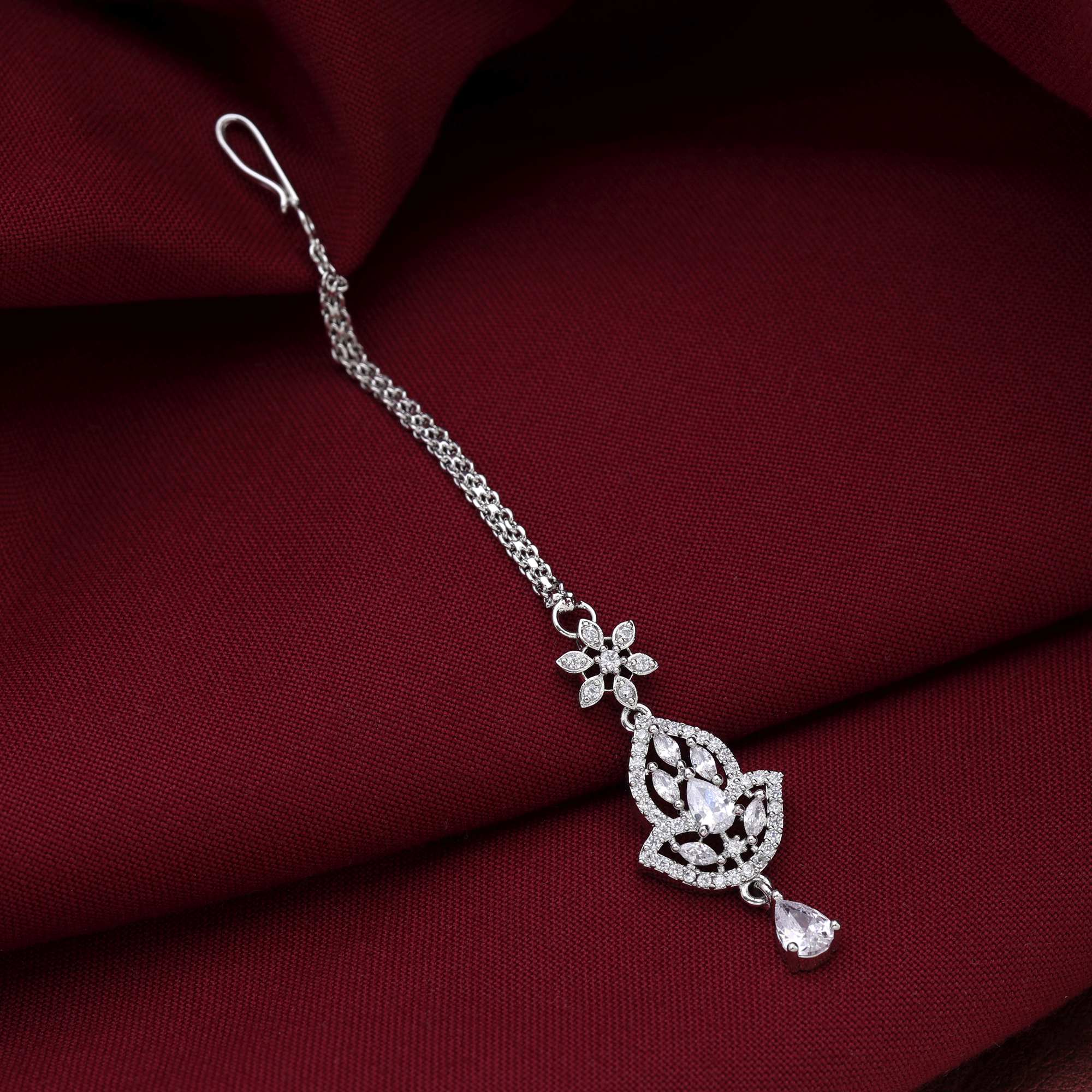 Silver Color Sparkling Designer American Diamond Maang Tikka For Wedding And Party Wear