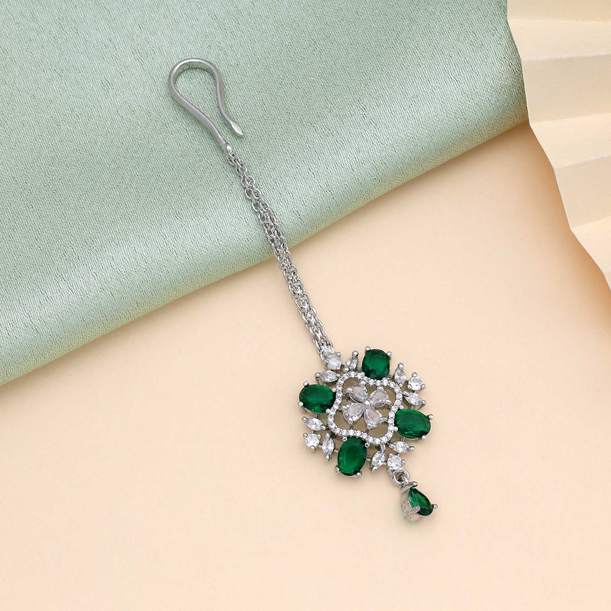 Green Color Traditional Sparkling American Diamond Maang Tikka For Cultural And Bridal Wear