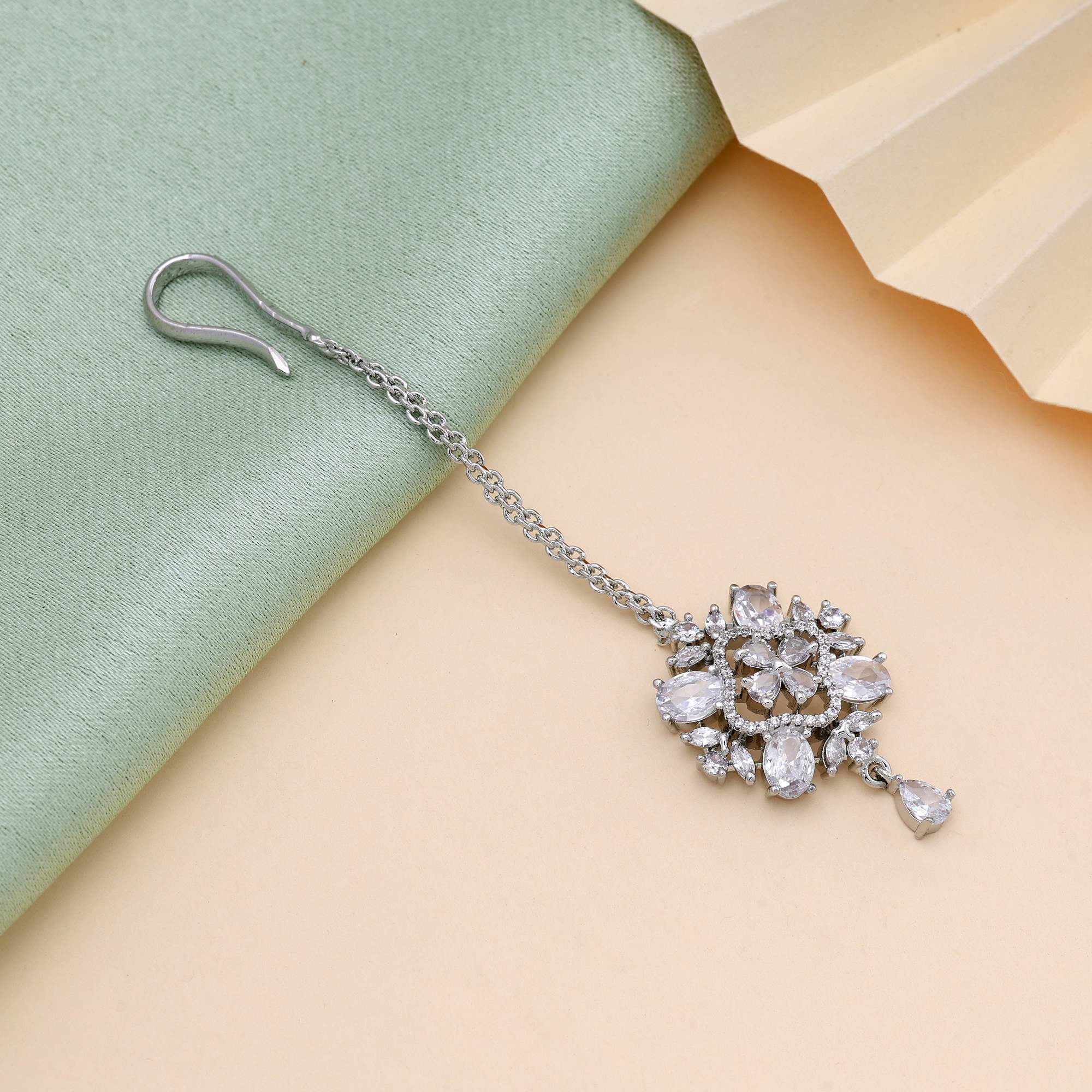 Silver Color Gorgeous Stone Work American Diamond Maang Tikka For Wedding Functions