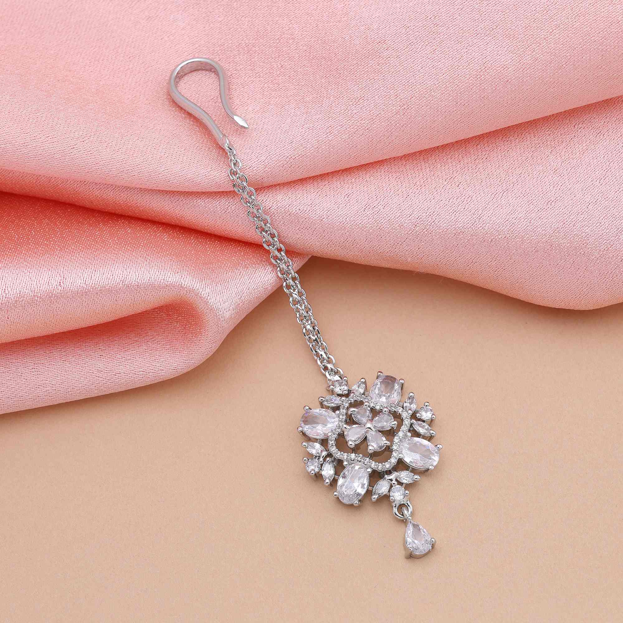 Silver Color Gorgeous Stone Work American Diamond Maang Tikka For Wedding Functions