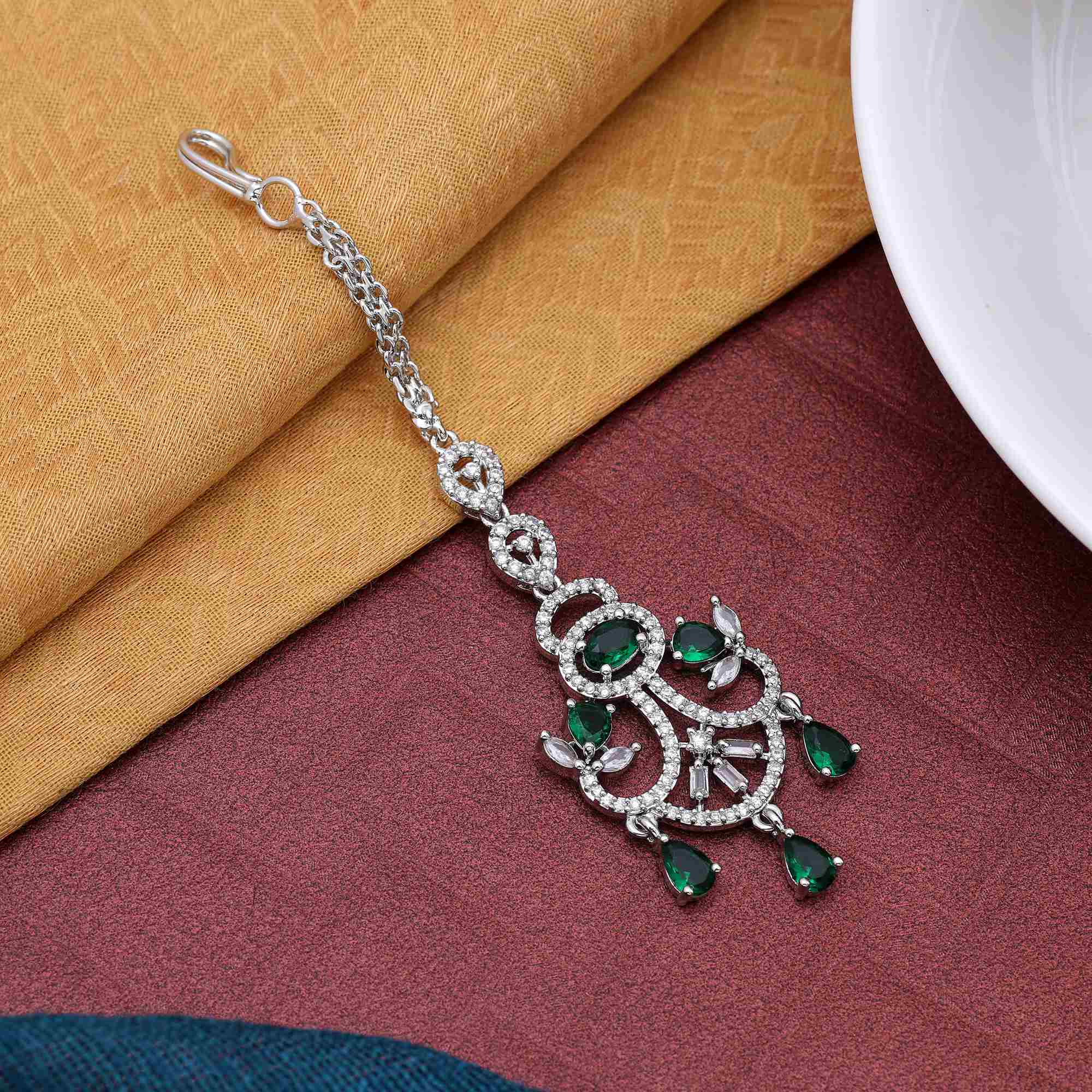 Green Color Radiant Shine American Diamond Maang Tikka For Bridal And Traditional Look