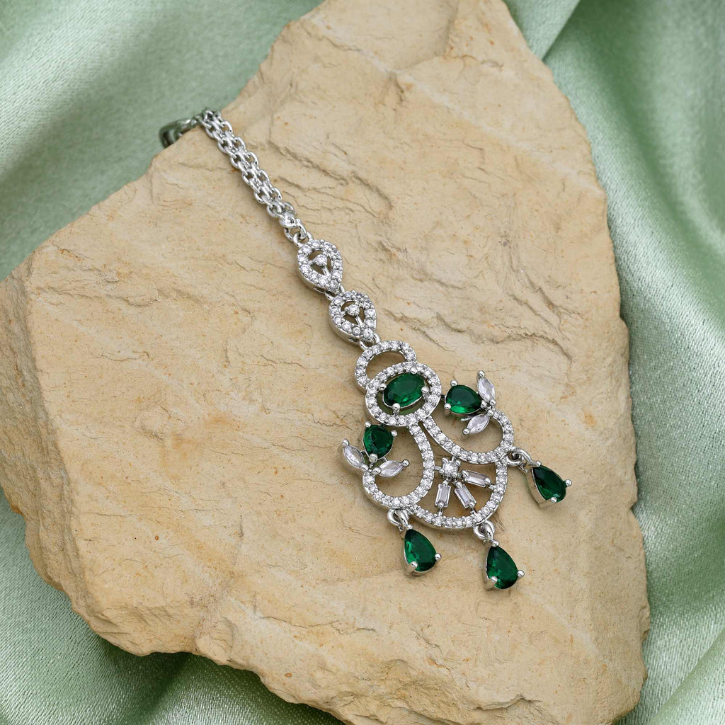 Green Color Radiant Shine American Diamond Maang Tikka For Bridal And Traditional Look