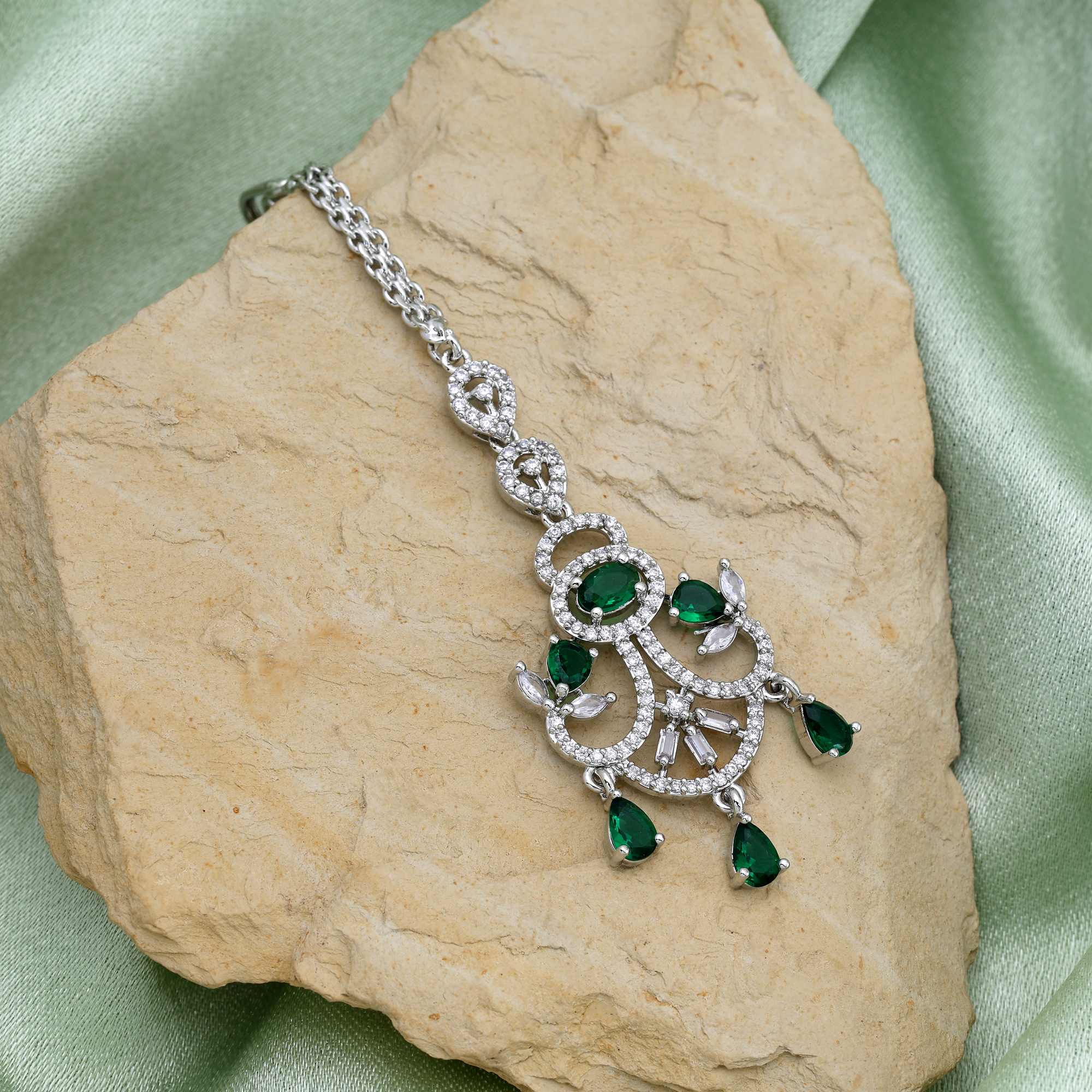 Green Color Radiant Shine American Diamond Maang Tikka For Bridal And Traditional Look