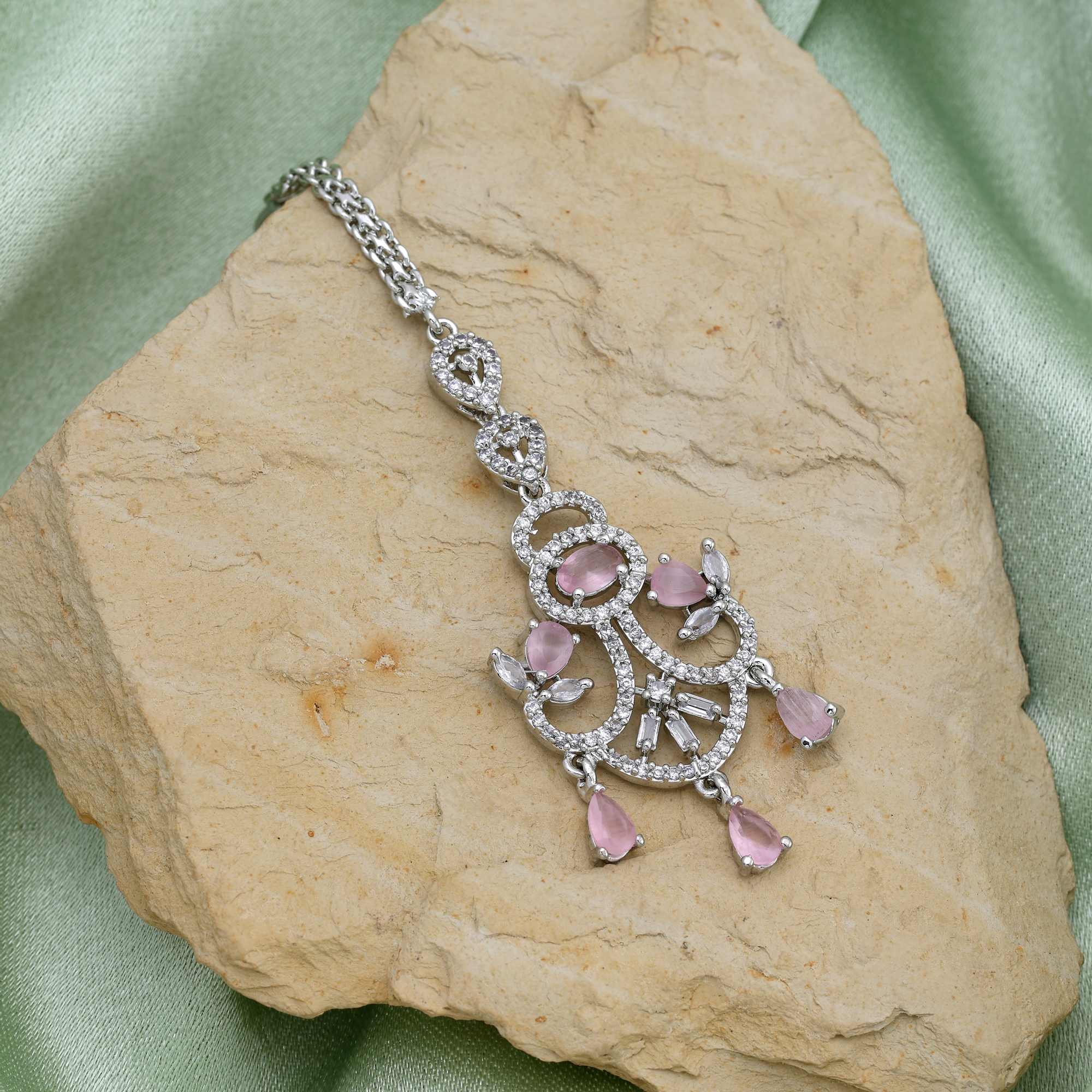 Pink Color Shimmering Designer American Diamond Maang Tikka For Party And Wedding Jewelry