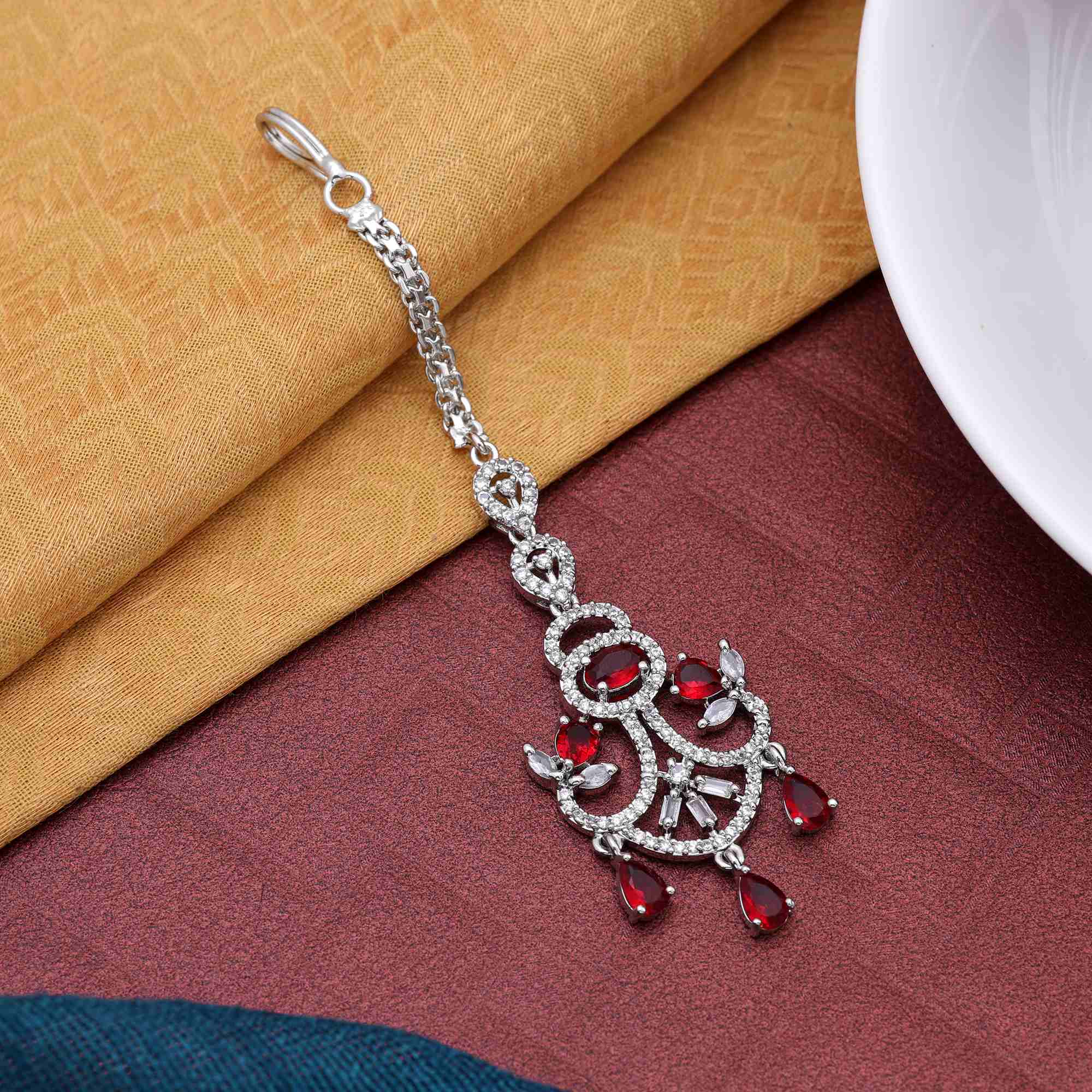 Red Color Classic Round Stone American Diamond Maang Tikka For Brides And Festive Use