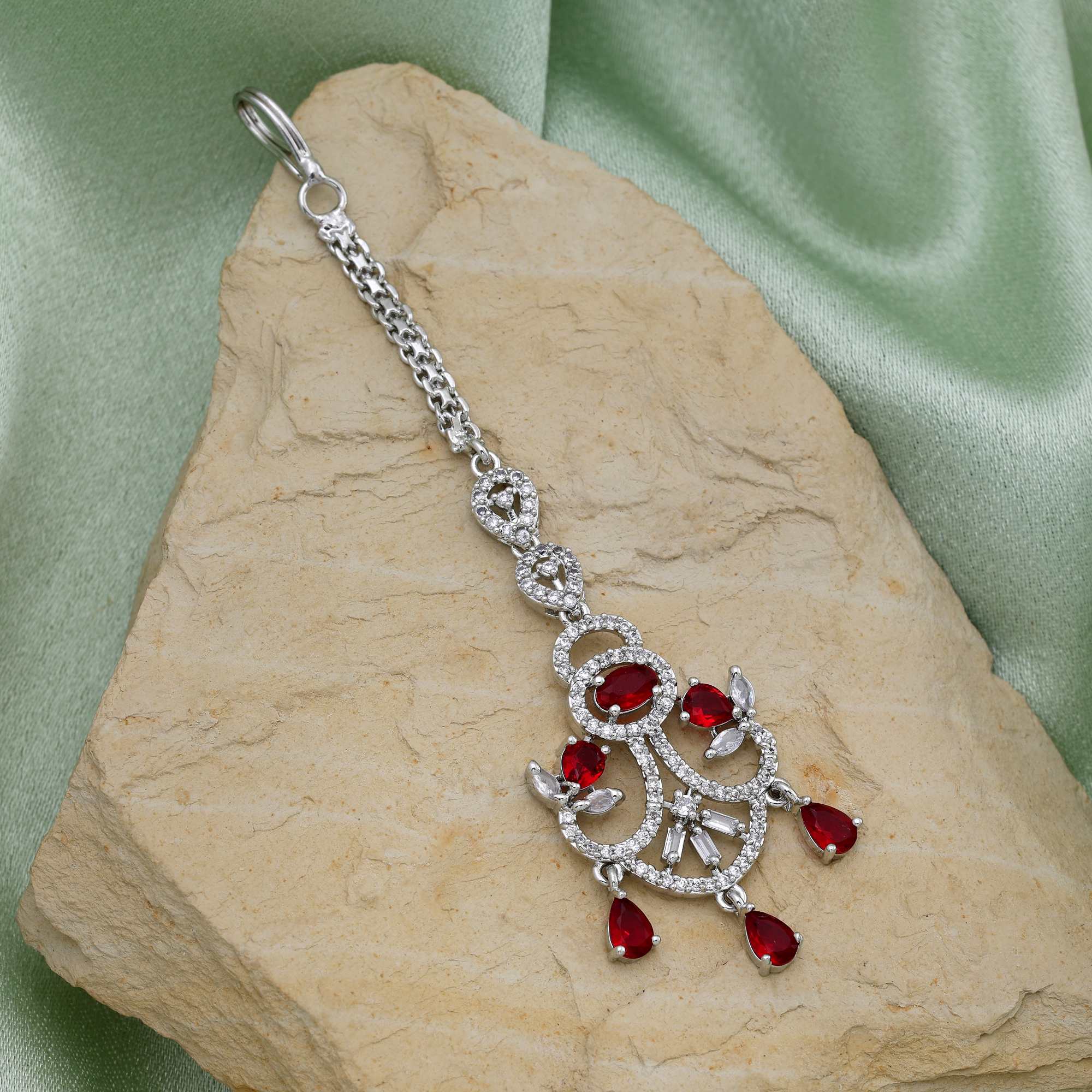 Red Color Classic Round Stone American Diamond Maang Tikka For Brides And Festive Use