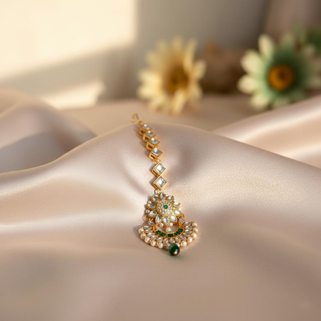 Green Kundan Maang Tikka