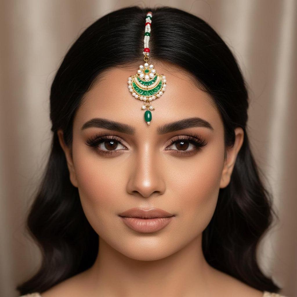 Green Antique Tone Kundan Maang Tikka