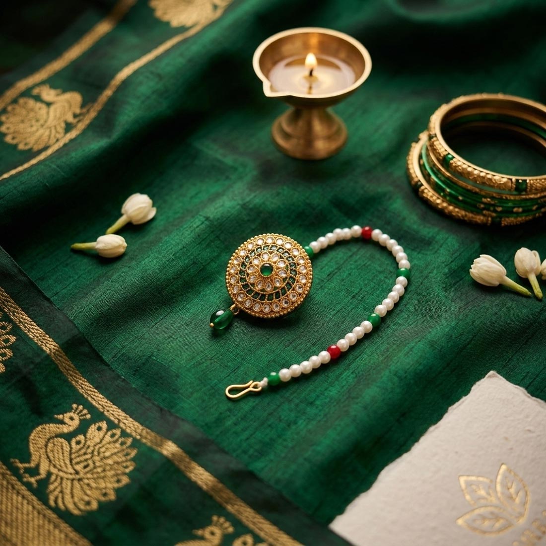 Green Traditional Kundan Maang Tikka