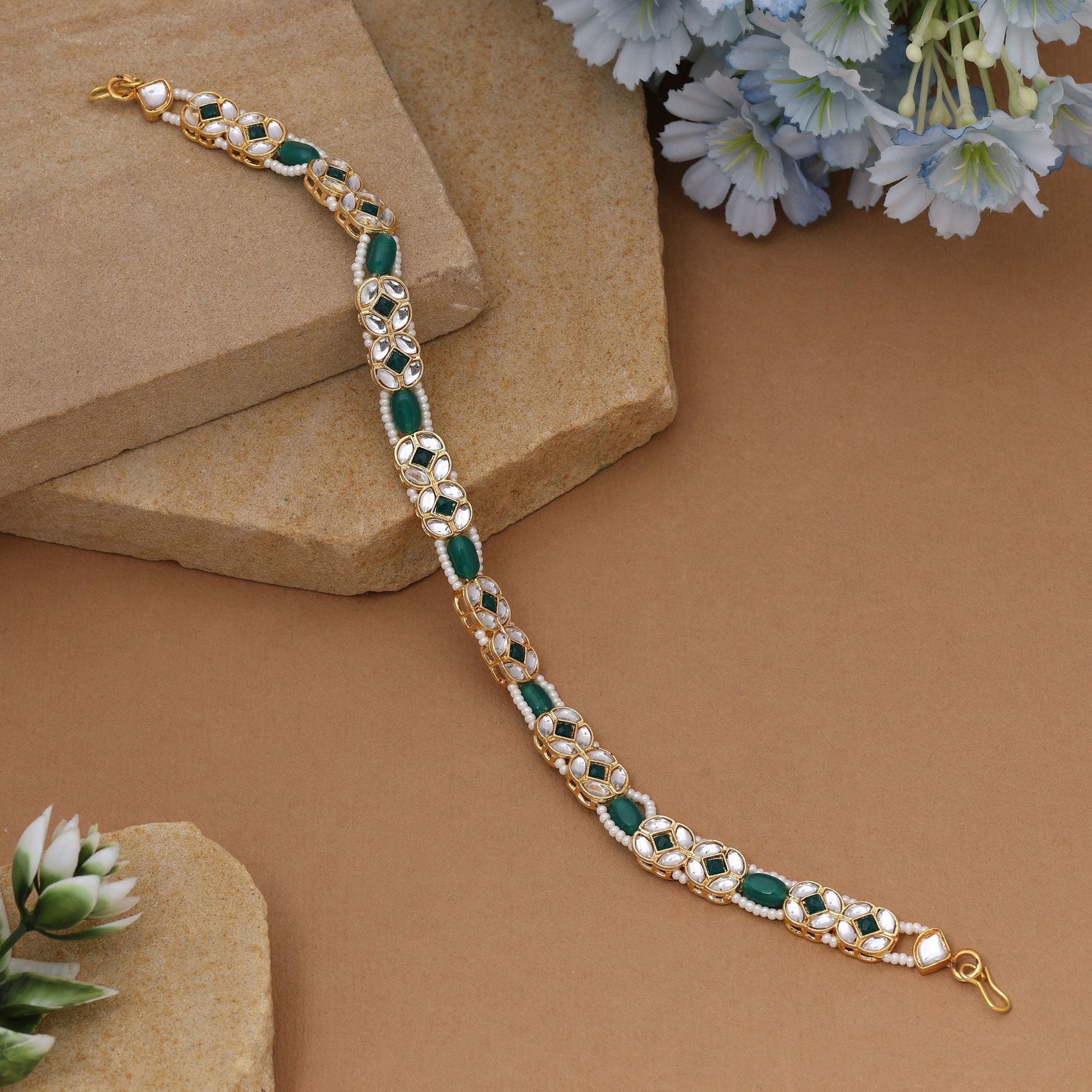 Green & White Kundan Matha Patti