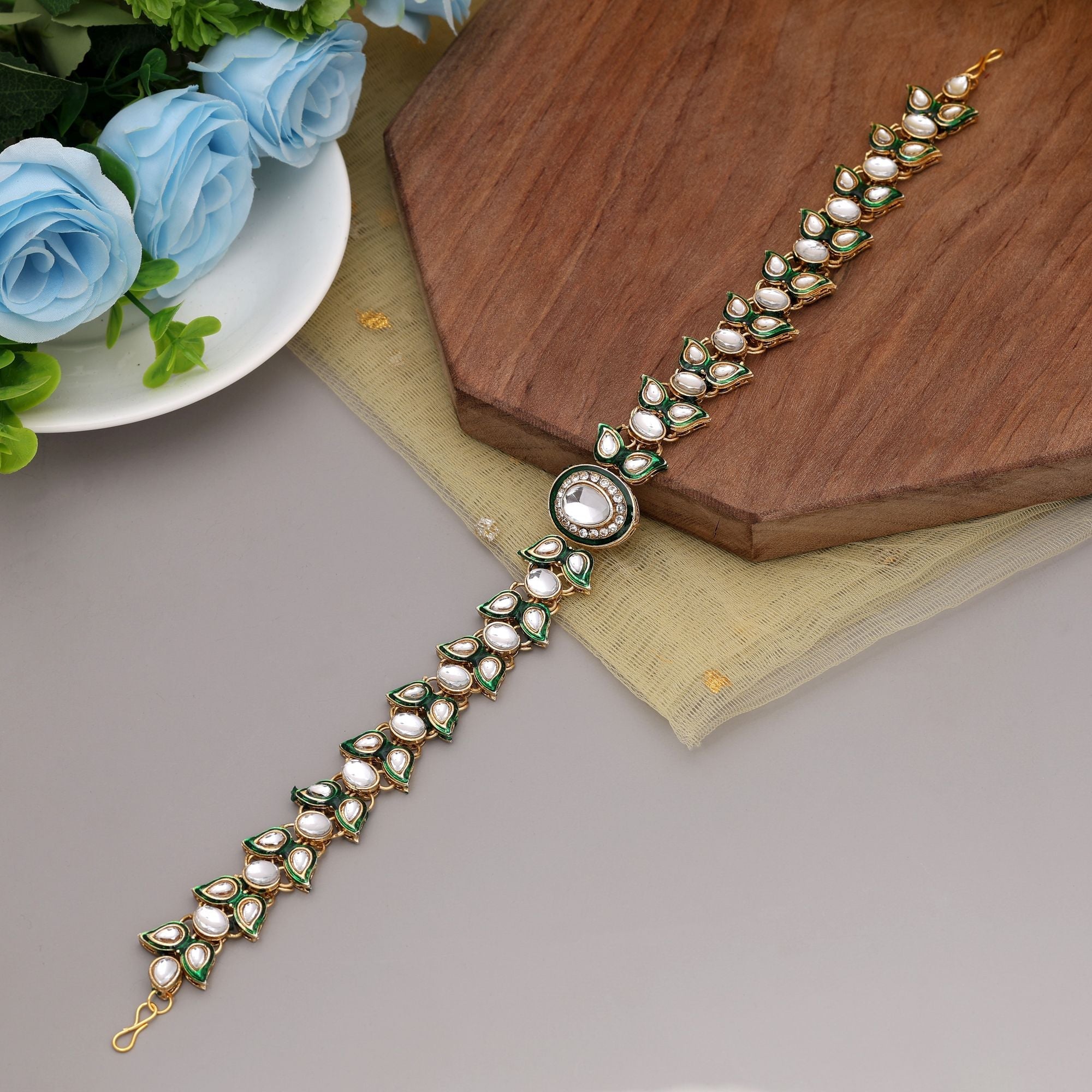 White & Green Meena Work Kundan Matha Patti