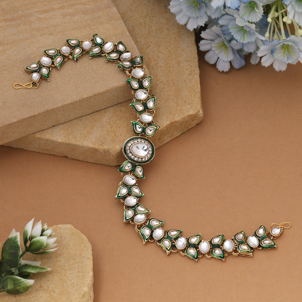 White & Green Meena Work Kundan Matha Patti