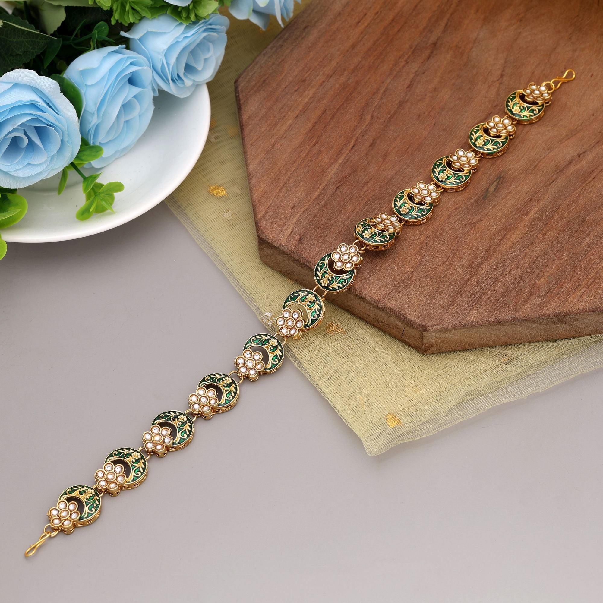 White & Green Bridal Kundan Matha Patti