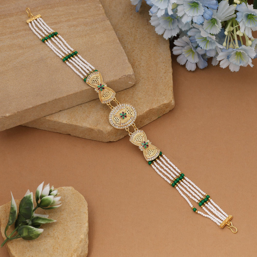 Green & White Ethnic Kundan Matha Patti