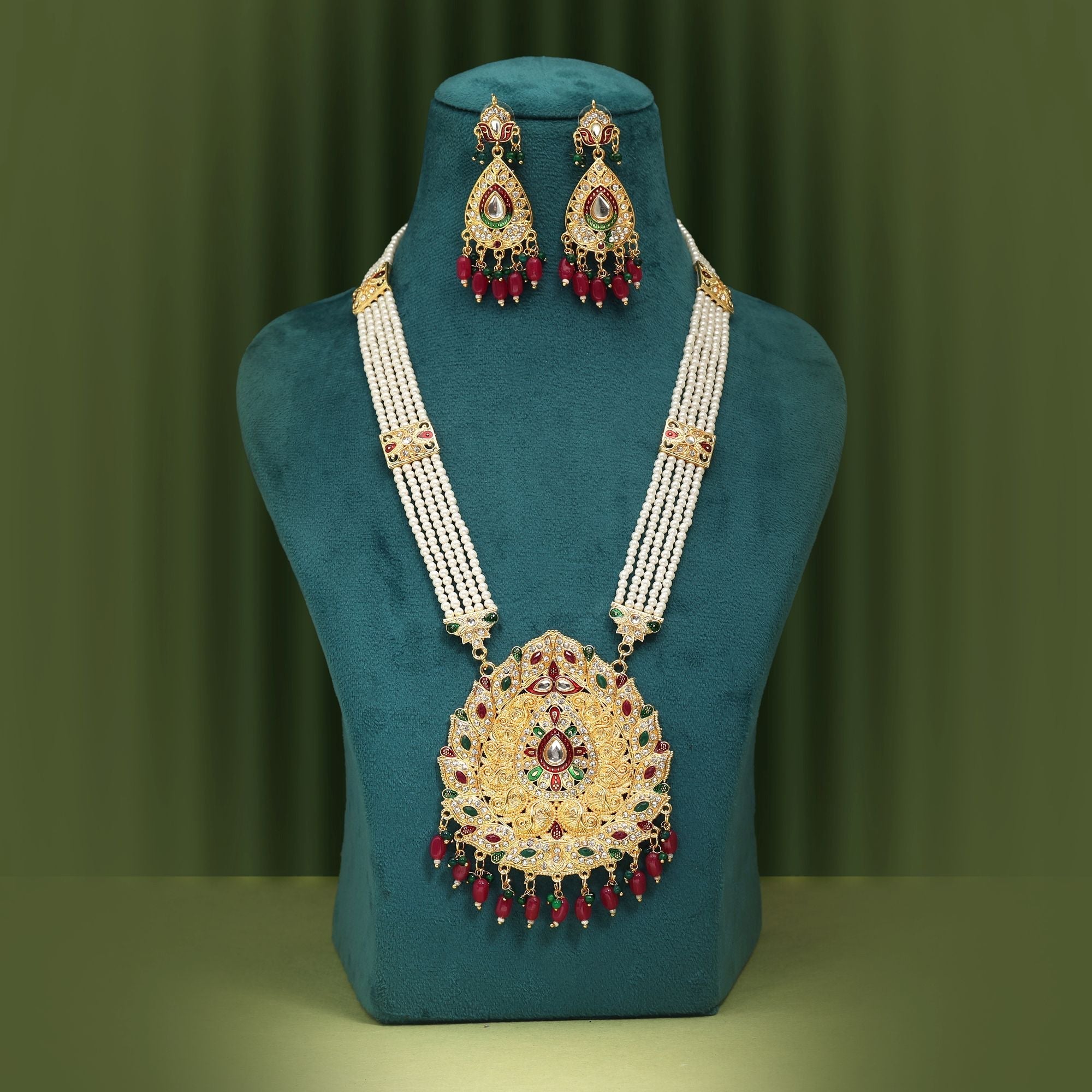 Traditional Maroon & Green Color Rajputi Jewellery Rani Haar For Brides And Special Occasions