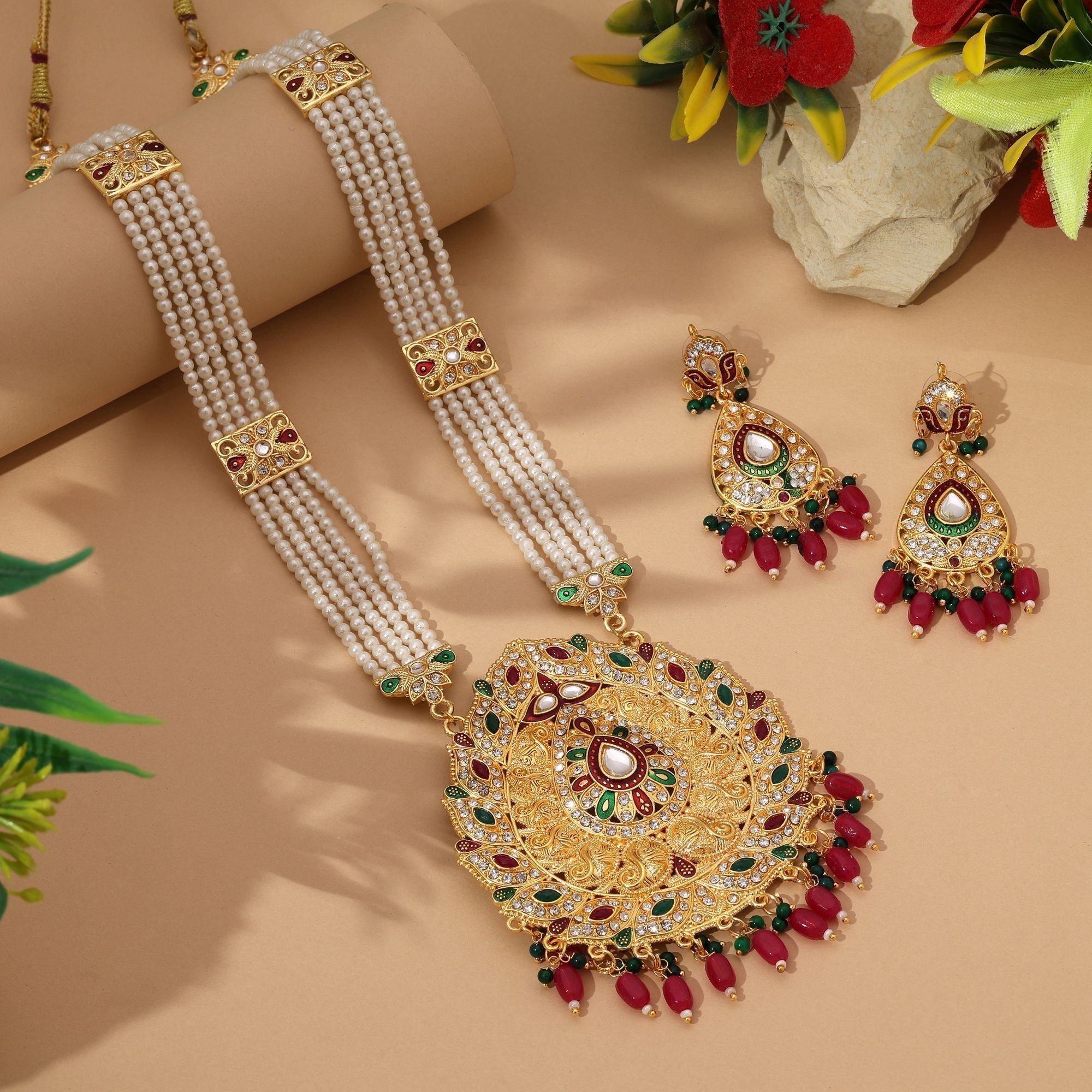Traditional Maroon & Green Color Rajputi Jewellery Rani Haar For Brides And Special Occasions