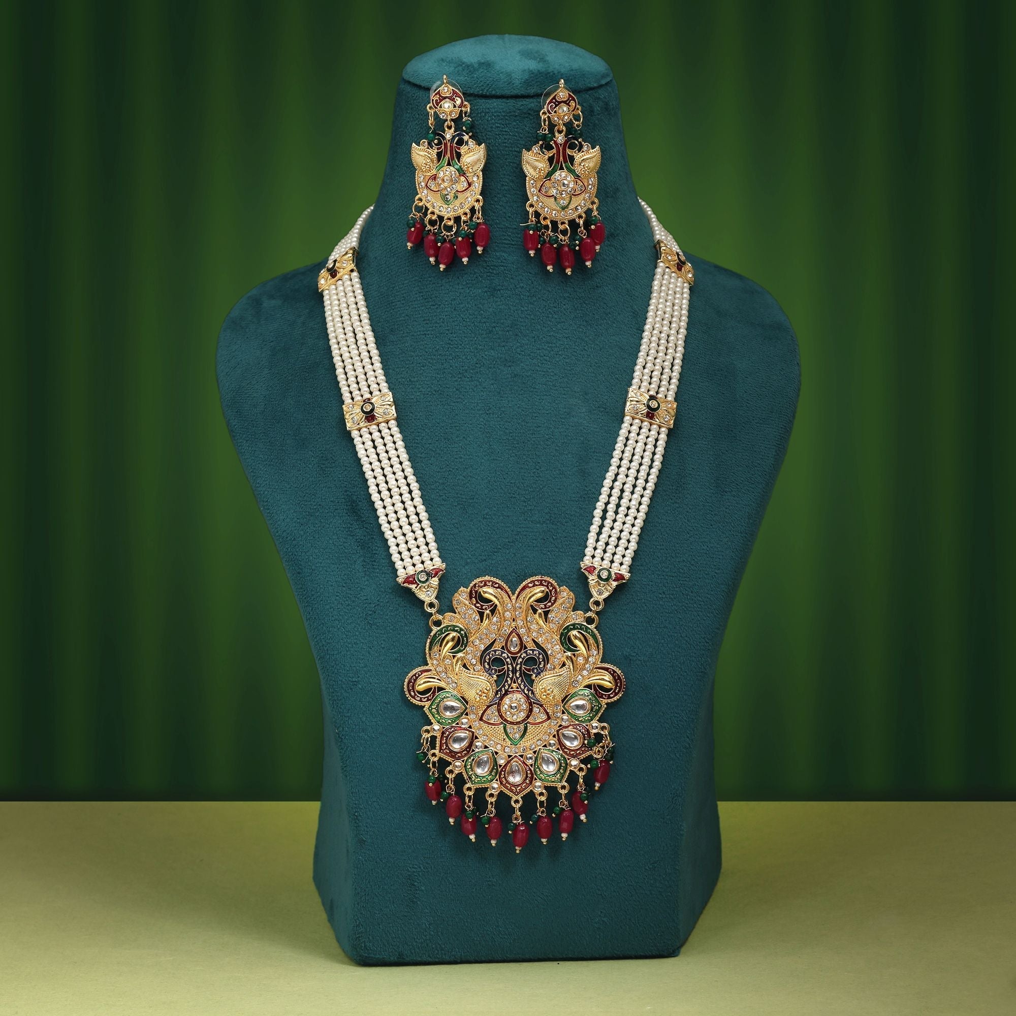 Exquisite Maroon & Green Color Rajputi Jewellery Rani Haar With Antique Royal Wedding Style