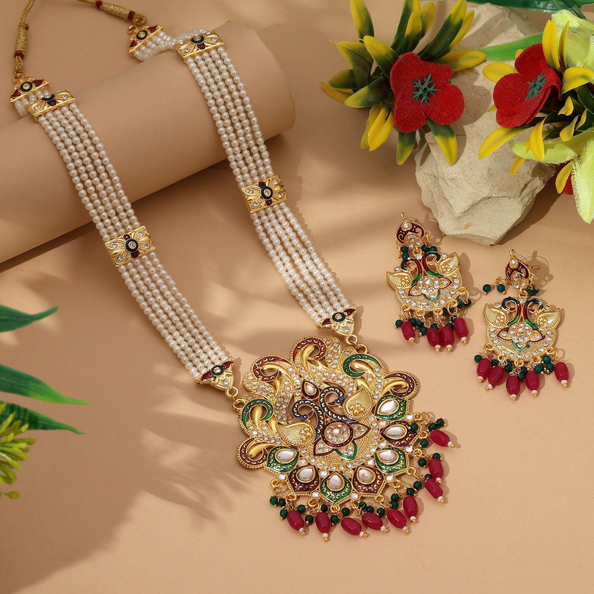 Exquisite Maroon & Green Color Rajputi Jewellery Rani Haar With Antique Royal Wedding Style