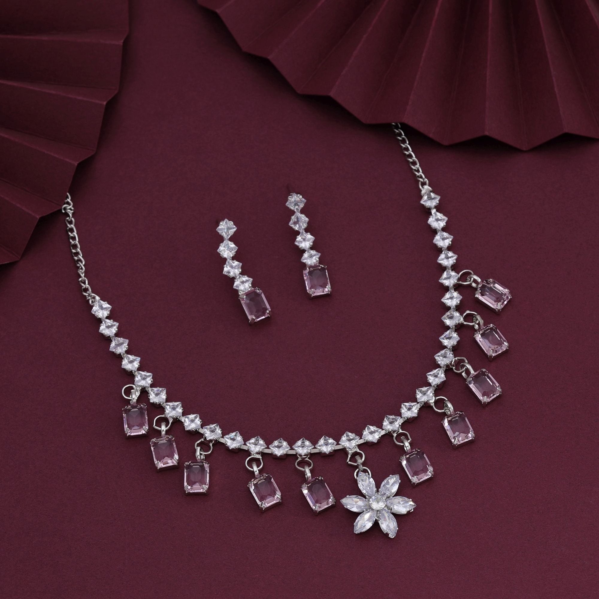 Bright Pink Color Stone Necklace Set With Polished Finish For Women