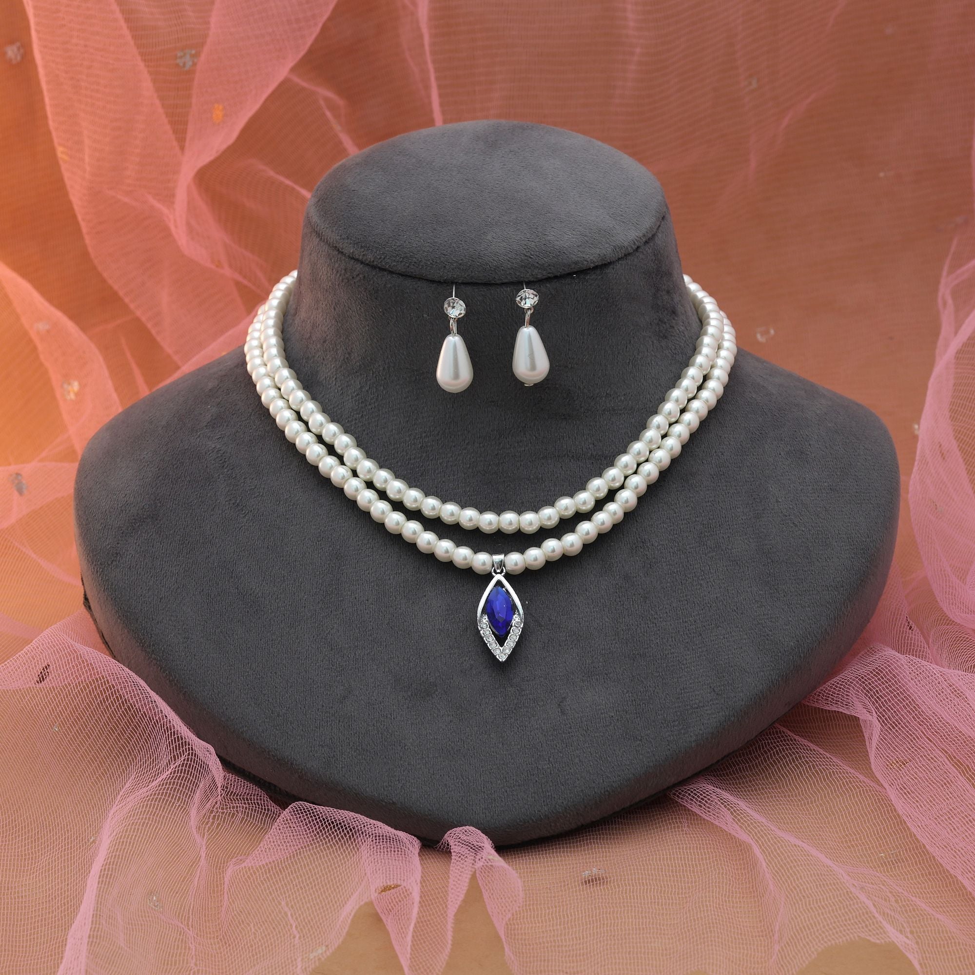 Blue Color Stone Necklace Set Party Wear