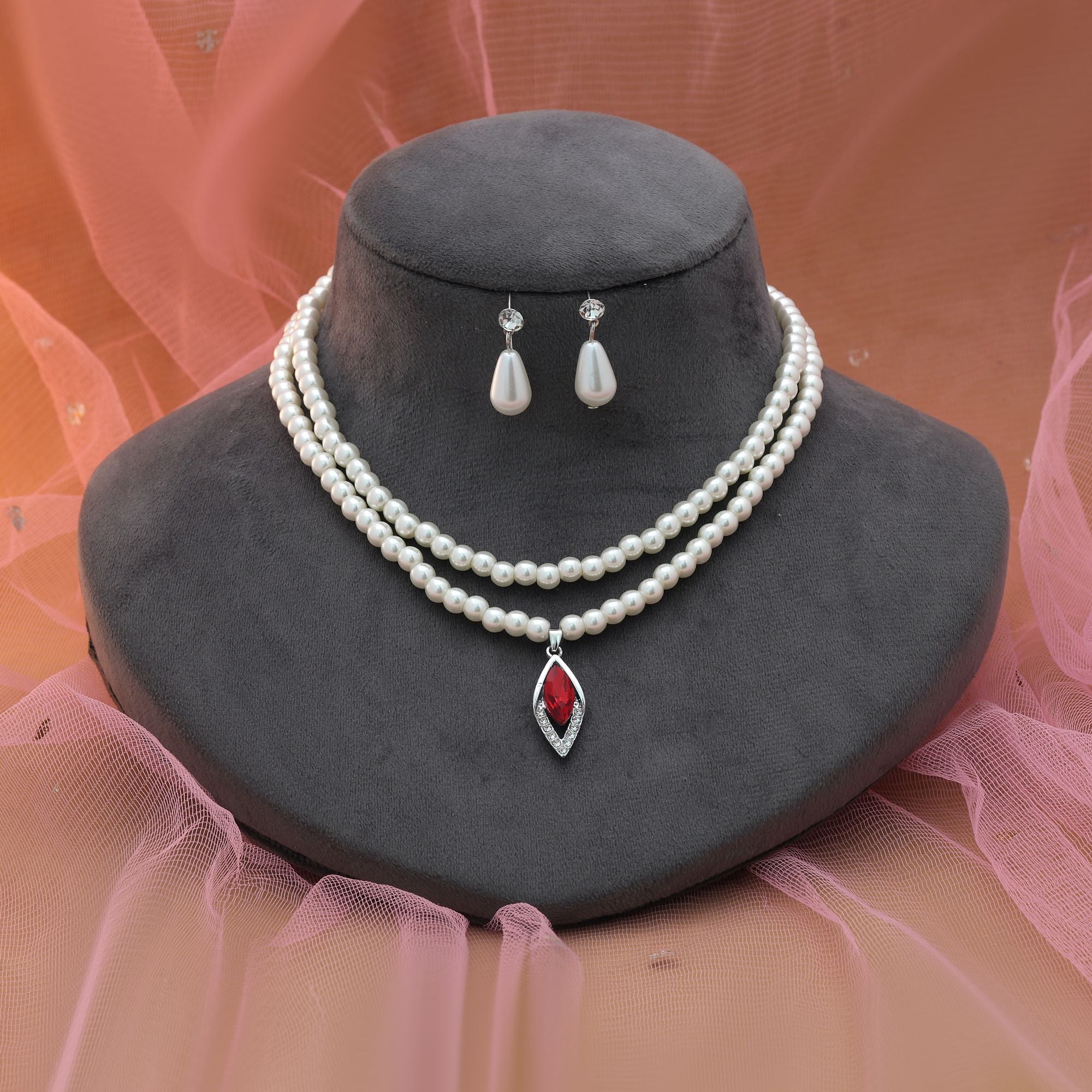 Red Color Stone Necklace Set Festive Wear