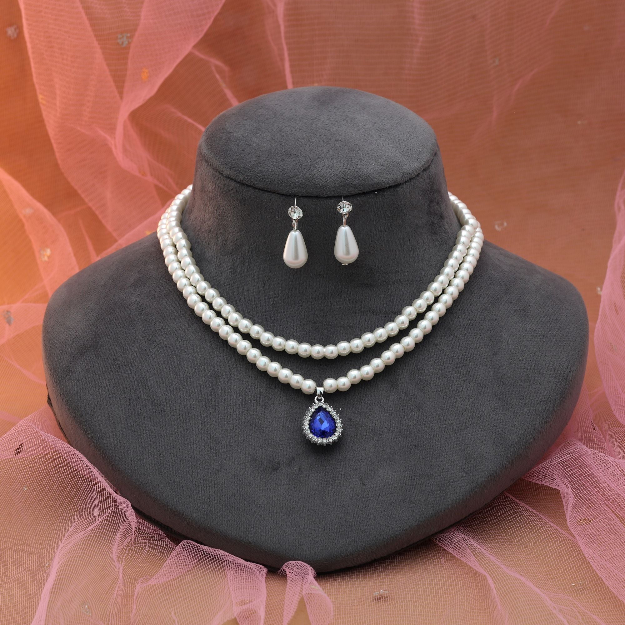 Blue Color Stone Necklace Set Modern Party Wear