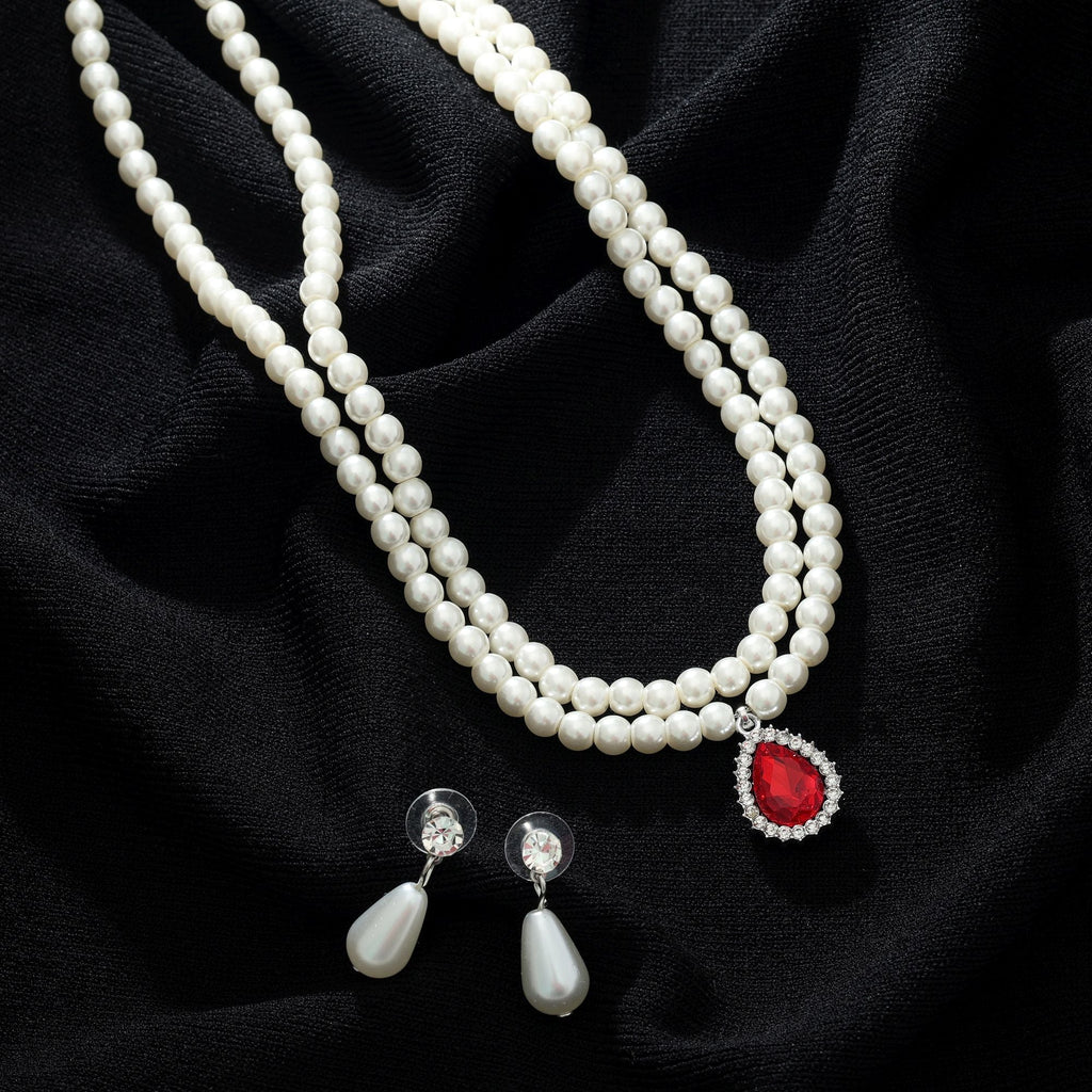 Red Color Stone Necklace Set Statement Style