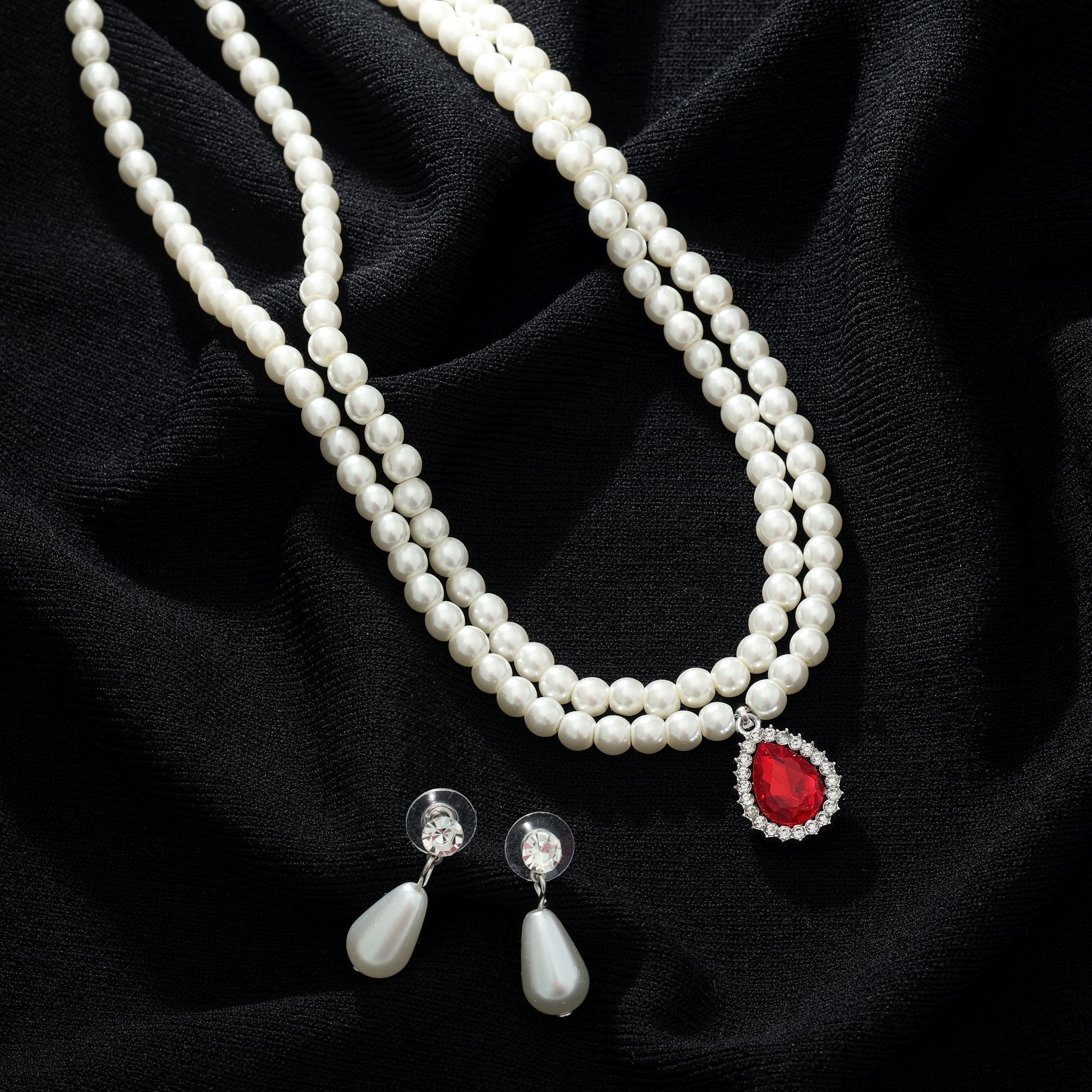 Red Color Stone Necklace Set Statement Style