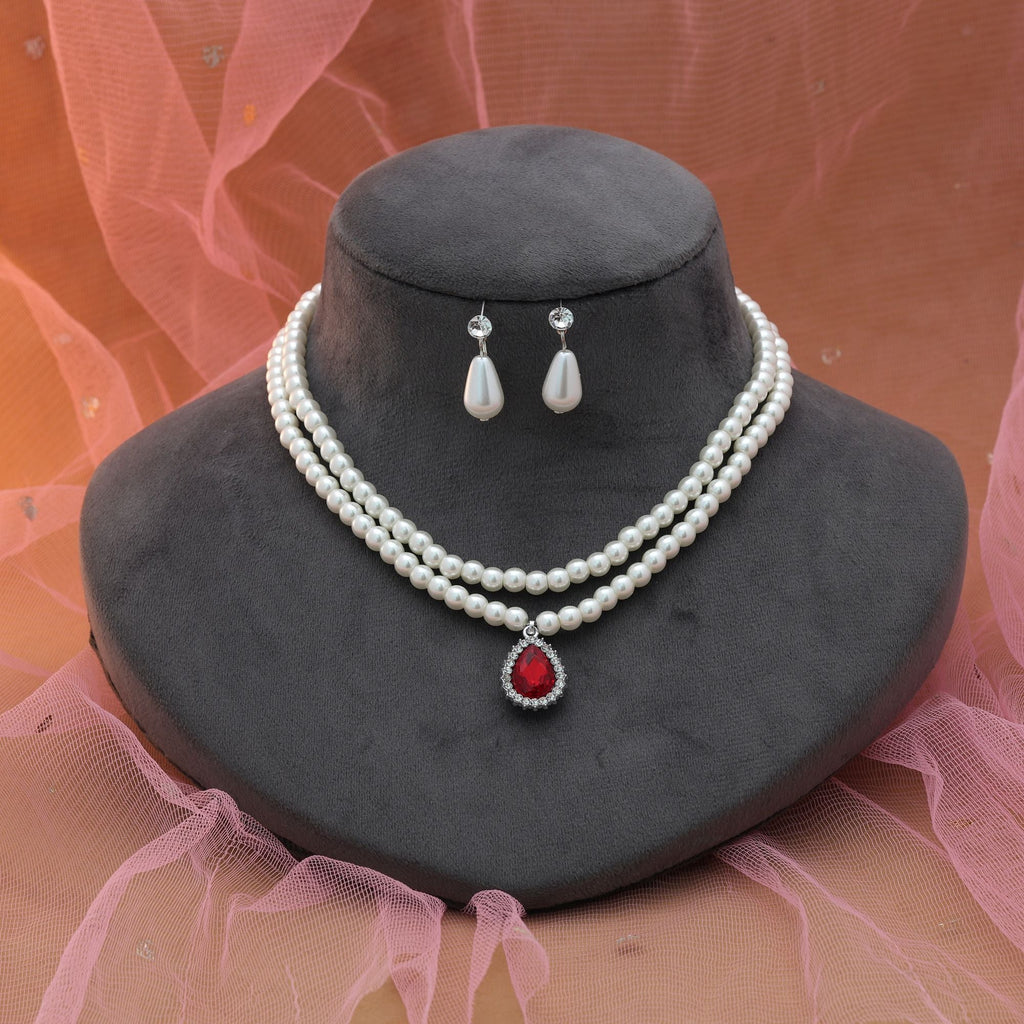 Red Color Stone Necklace Set Statement Style