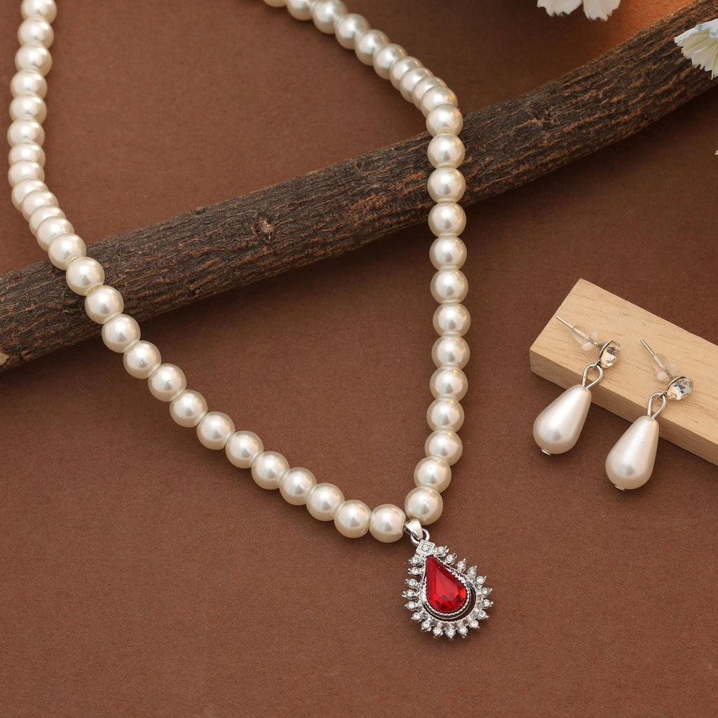 Red Color Stone Necklace Set Festive Style