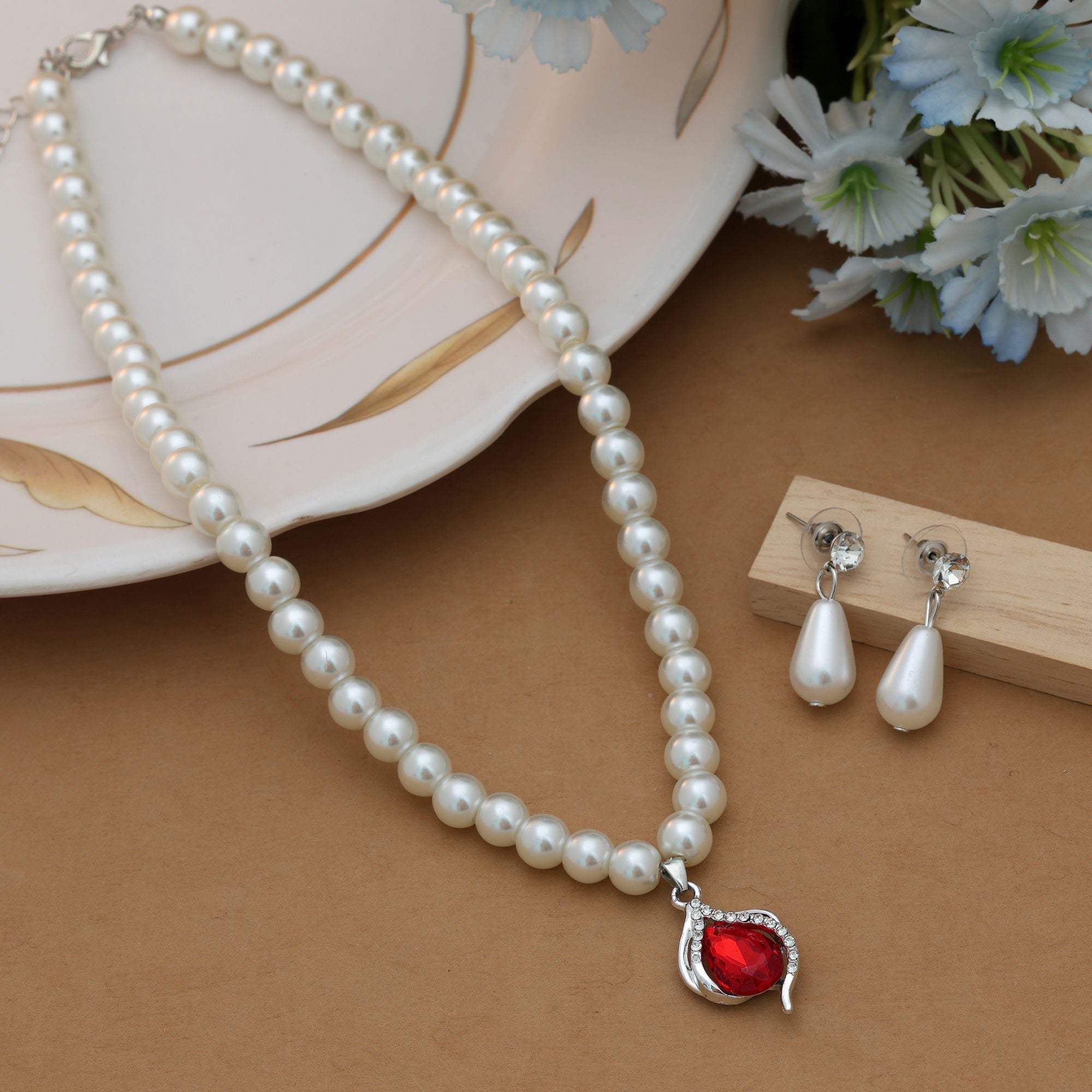 Red Color Stone Necklace Set Ethnic Style