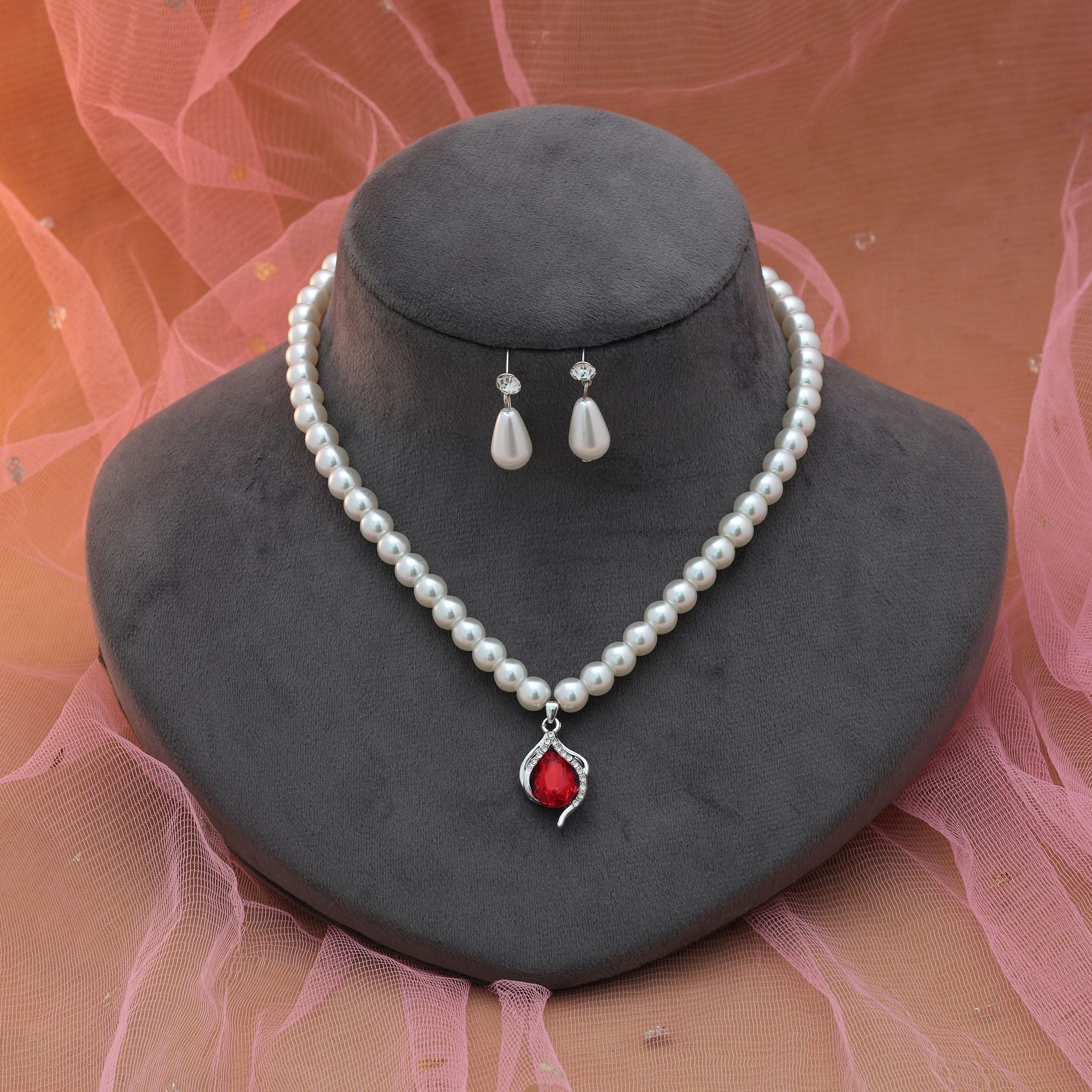 Red Color Stone Necklace Set Ethnic Style