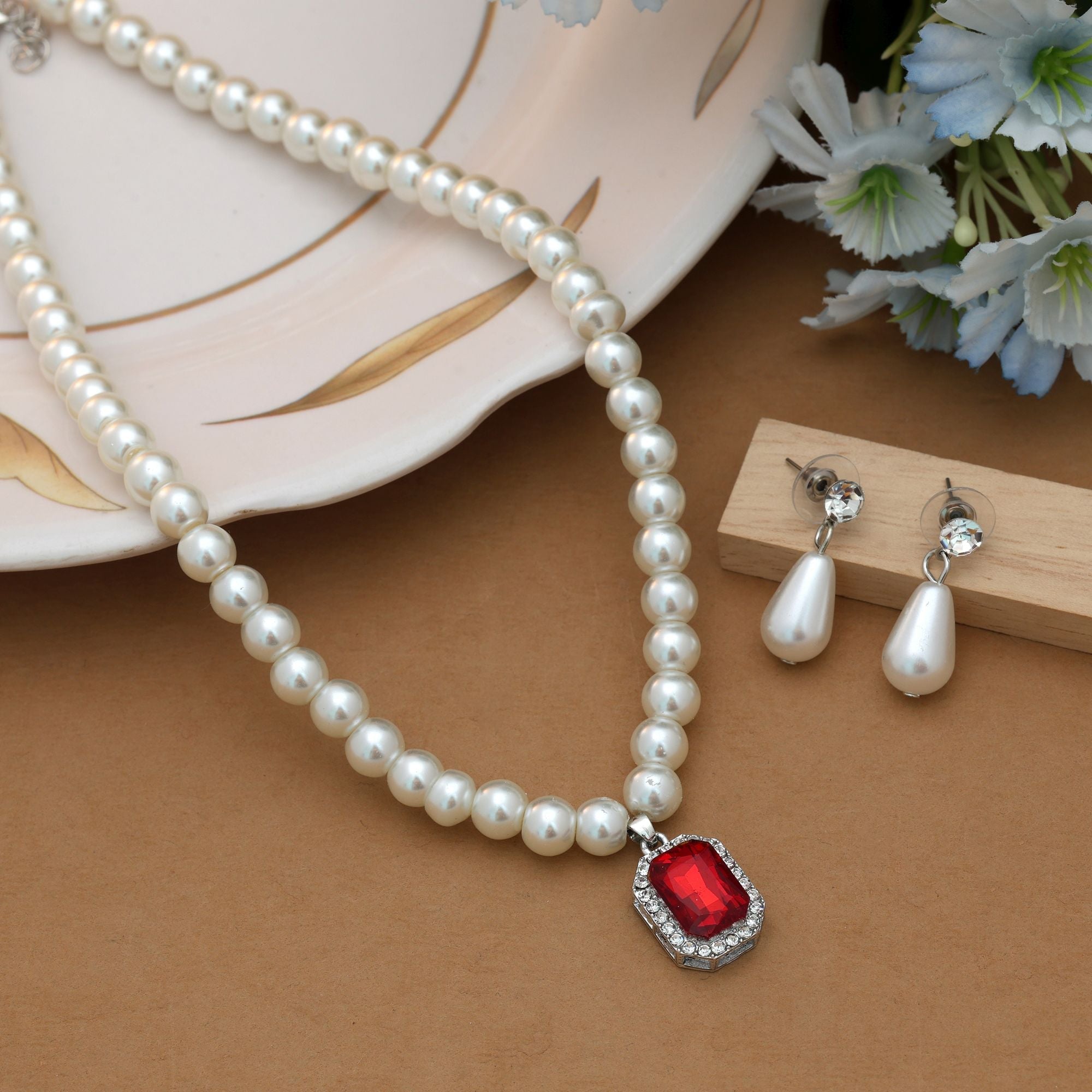 Red Color Stone Necklace Set Traditional Style